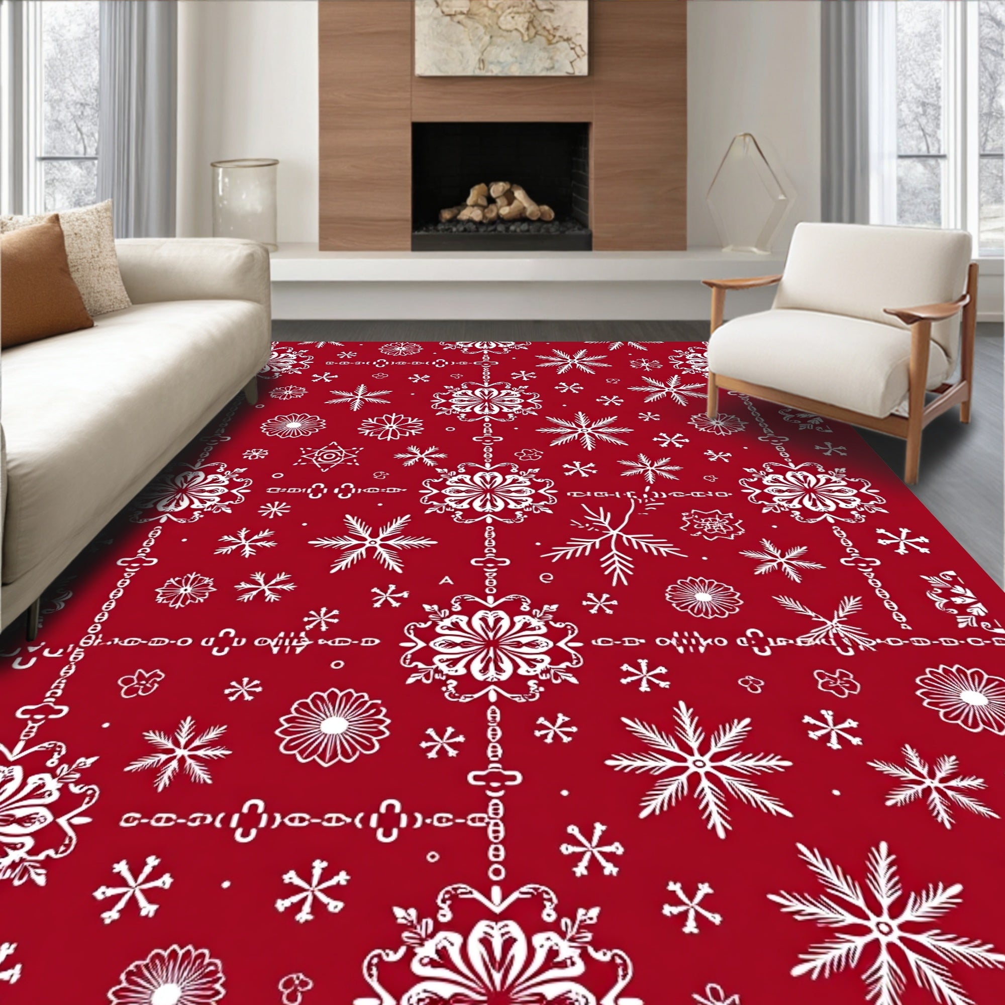 Classic White Snowflake Red Garland Rug