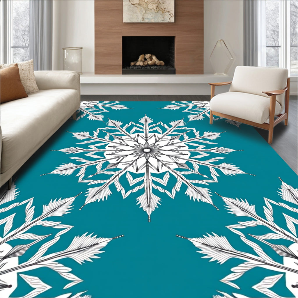 Teal White Snowflake Mandala Rug