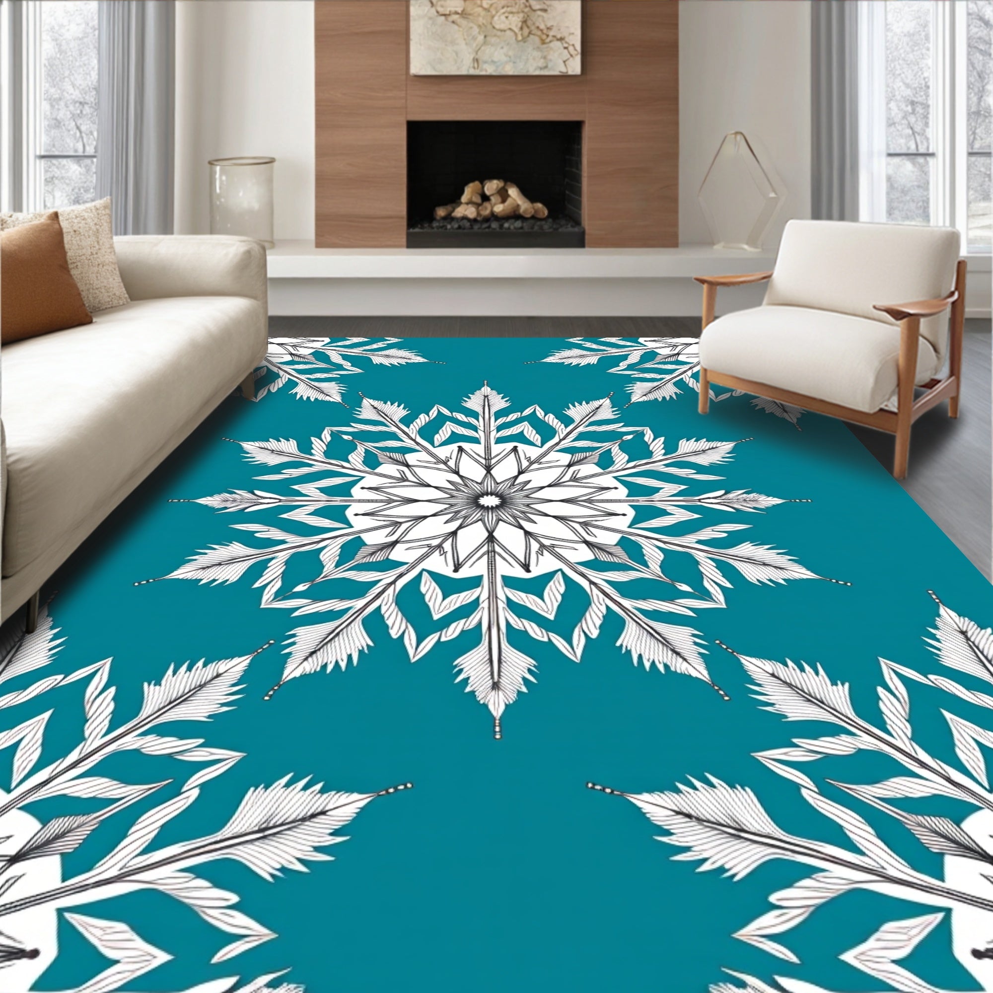 Teal White Snowflake Mandala Rug