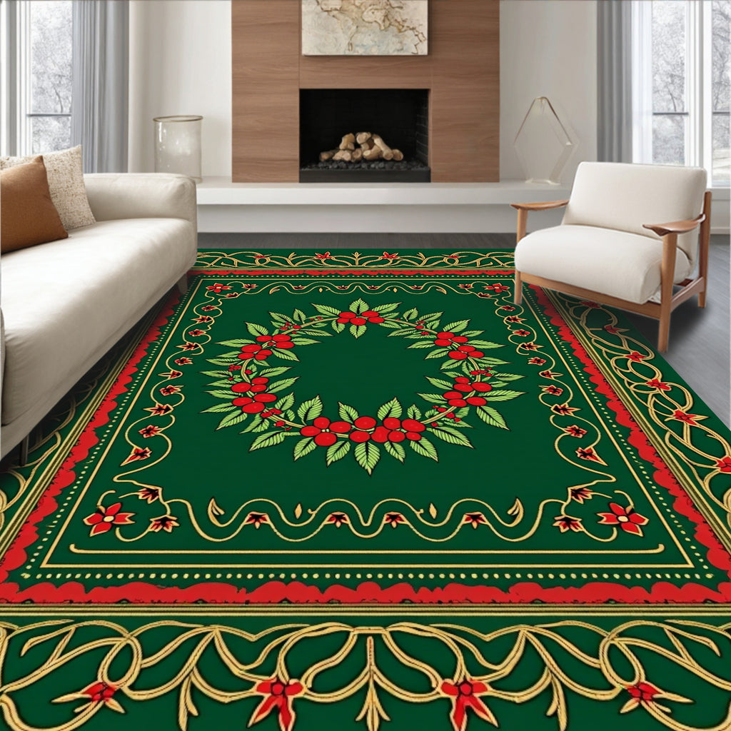 Emerald Green Red Floral Wreath Border Rug