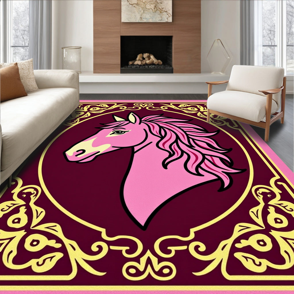 Pink Horse Profile With Golden Scroll Frame Rug