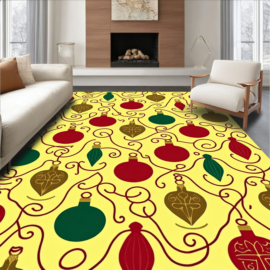 Christmas Ornaments Swirling Vine Yellow Rug