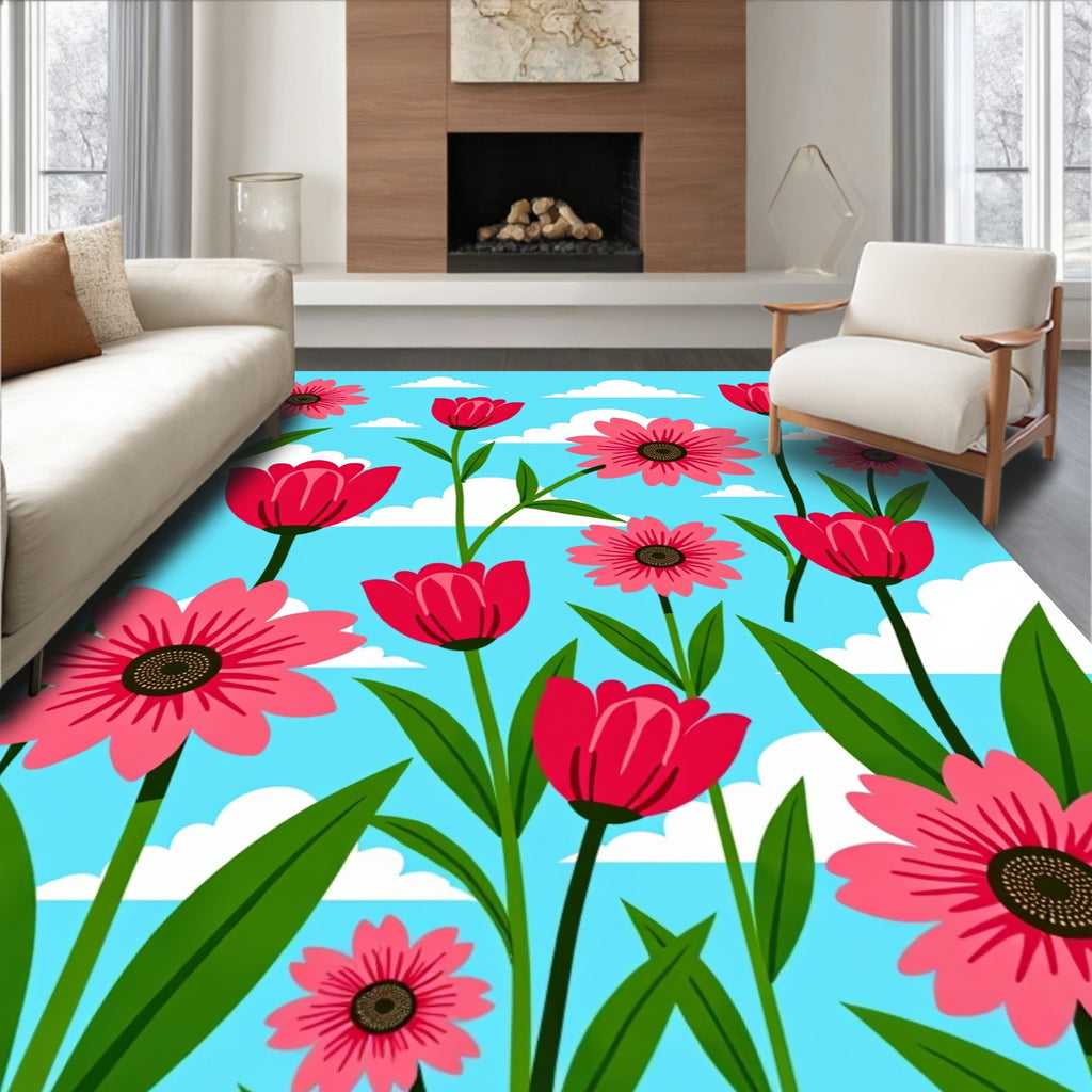 Vibrant Pink Floral Sky Garden Rug
