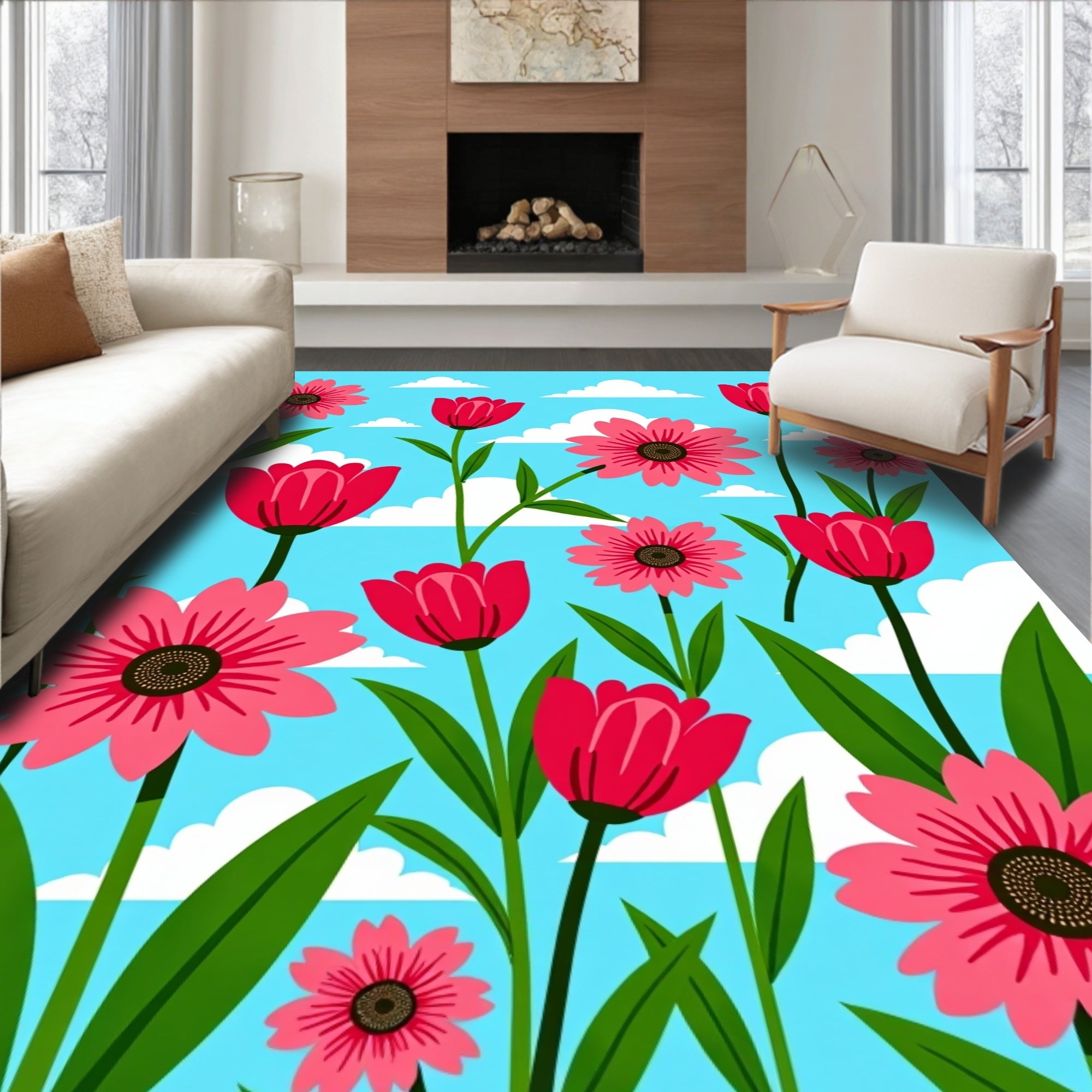 Vibrant Pink Floral Sky Garden Rug