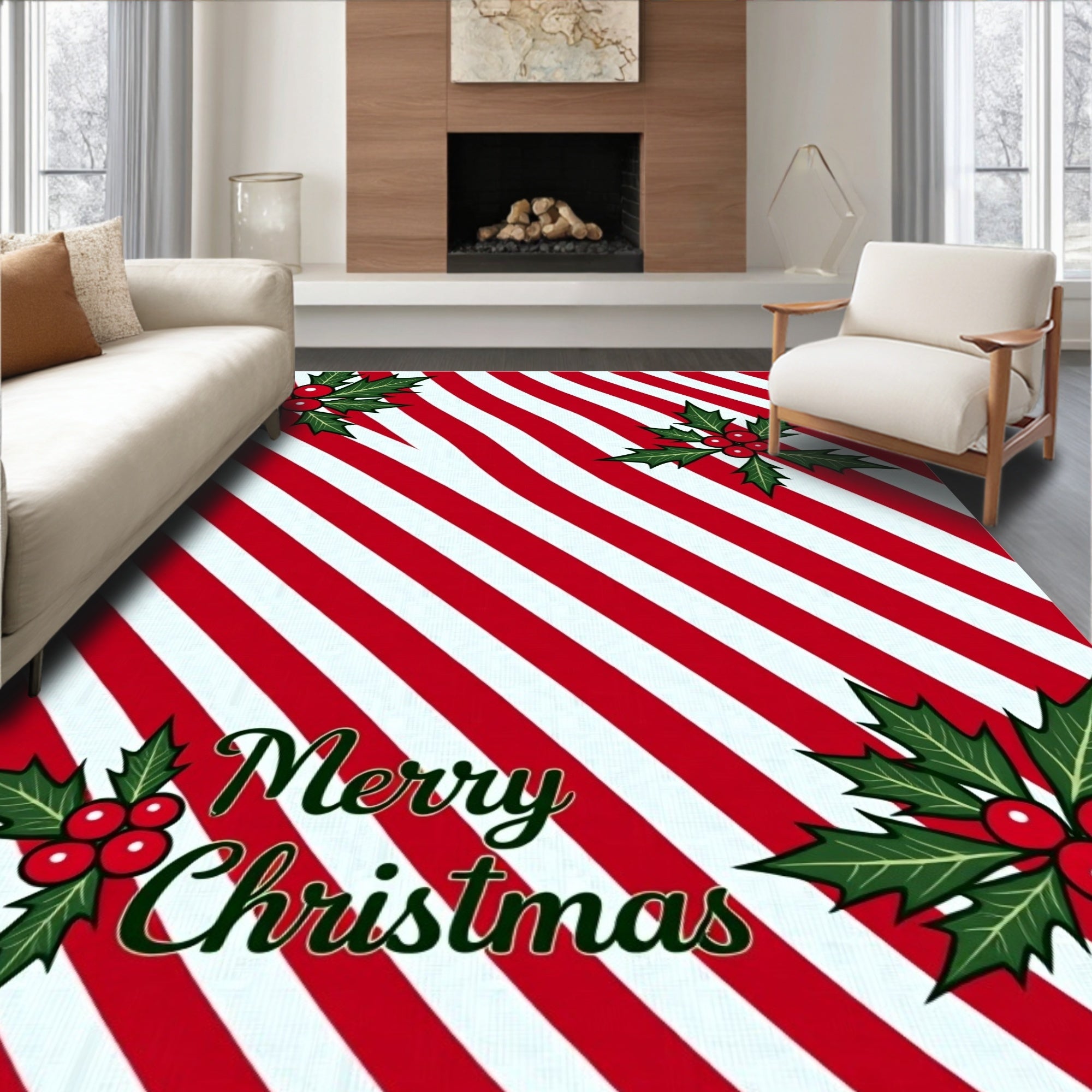 Red White Striped Holly Berry Accent Rug