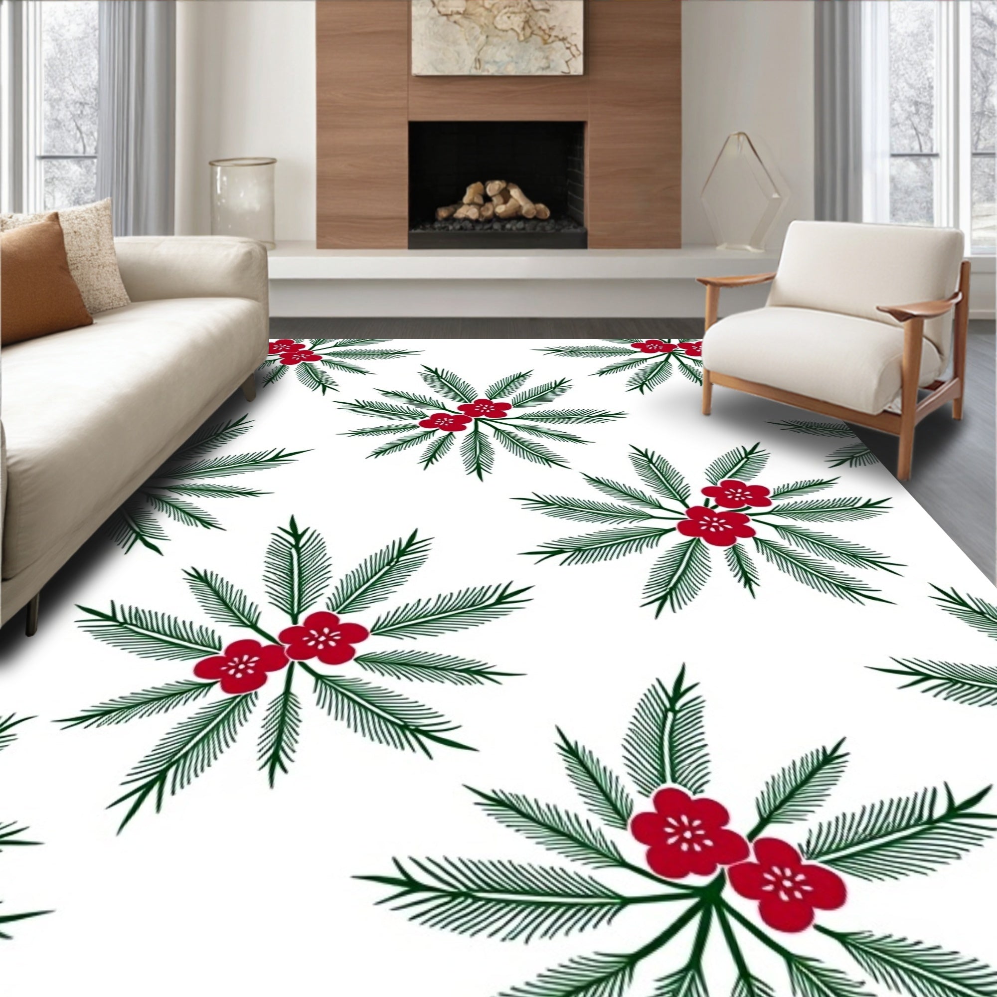Red Floral Green Leaf Burst Rug