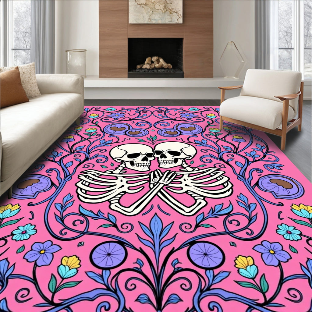 Pink Skull Embrace Floral Swirl Rug