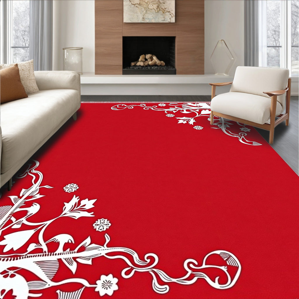 Crimson White Floral Corner Accent Rug