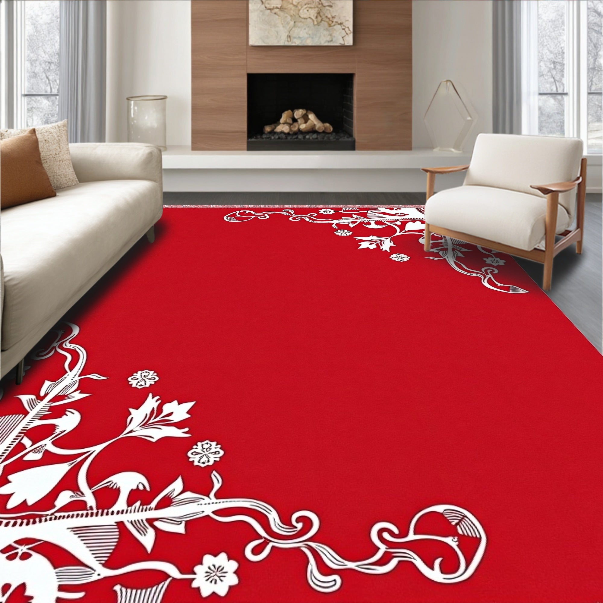 Crimson White Floral Corner Accent Rug
