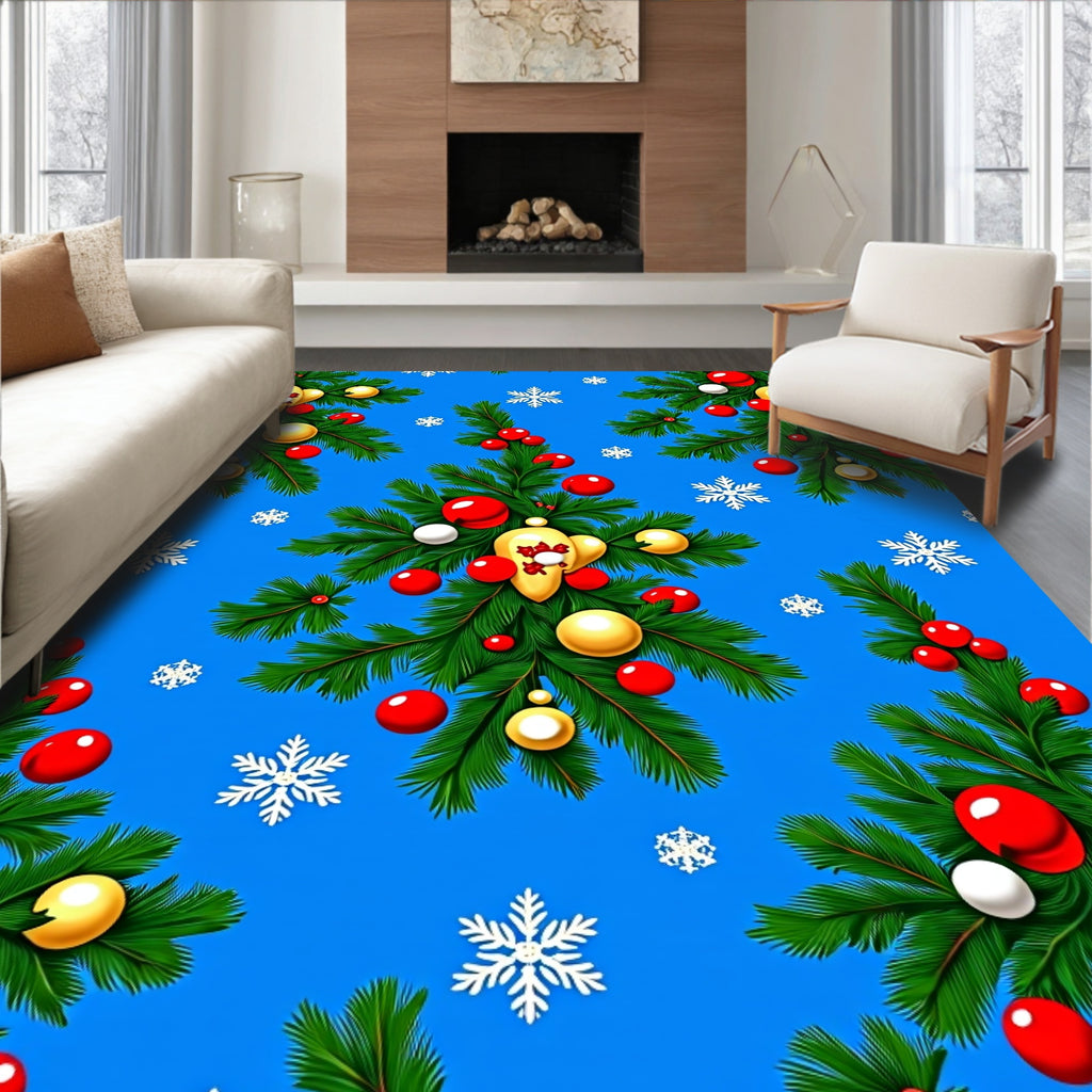 Festive Evergreen Ornaments Snowflakes Rug