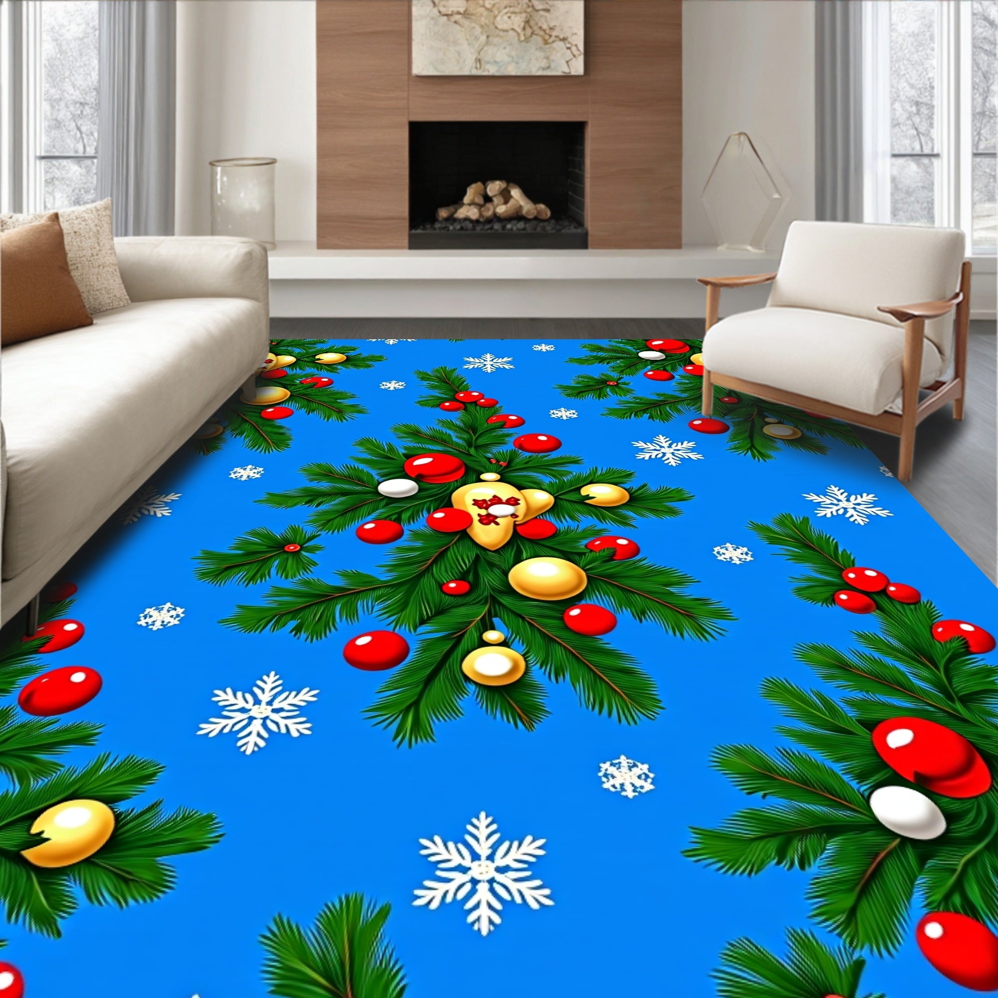 Festive Evergreen Ornaments Snowflakes Rug
