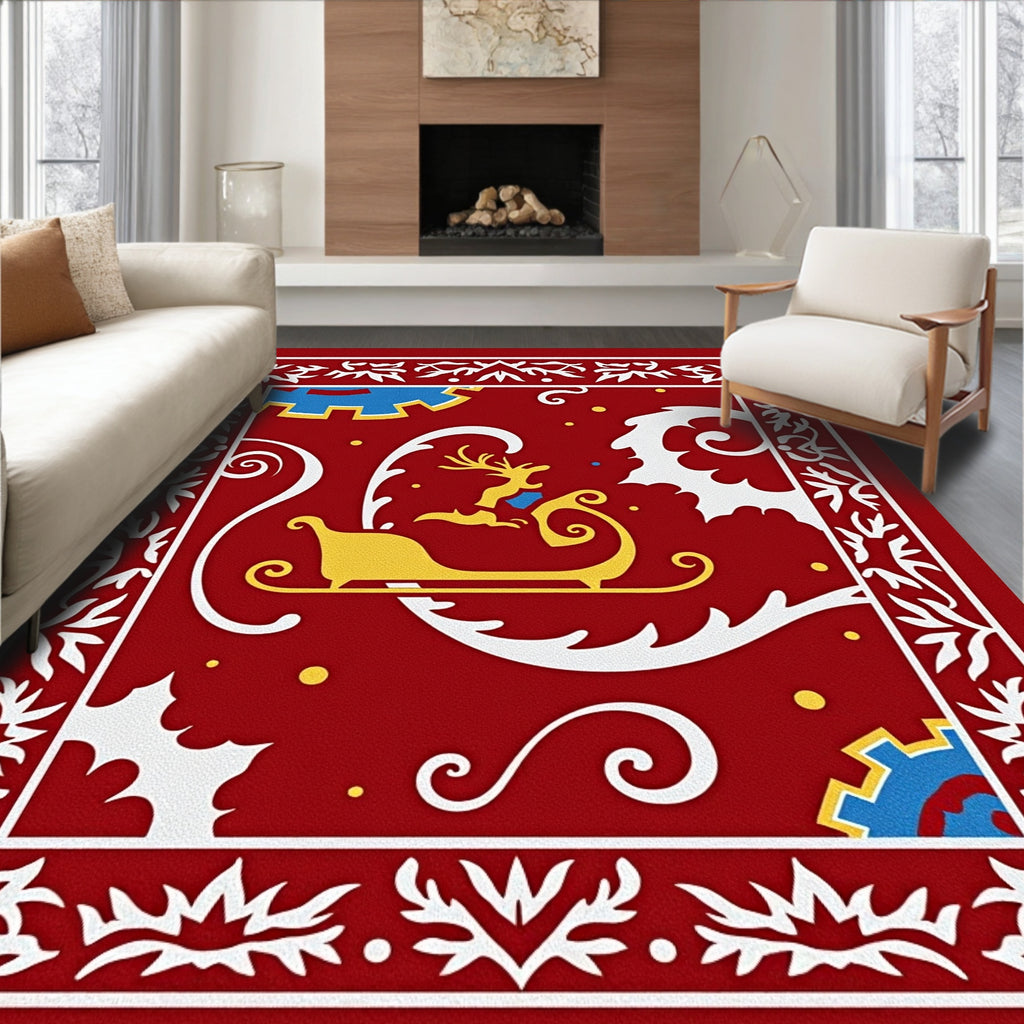 Crimson Sleigh Reindeer Holly Garland Rug