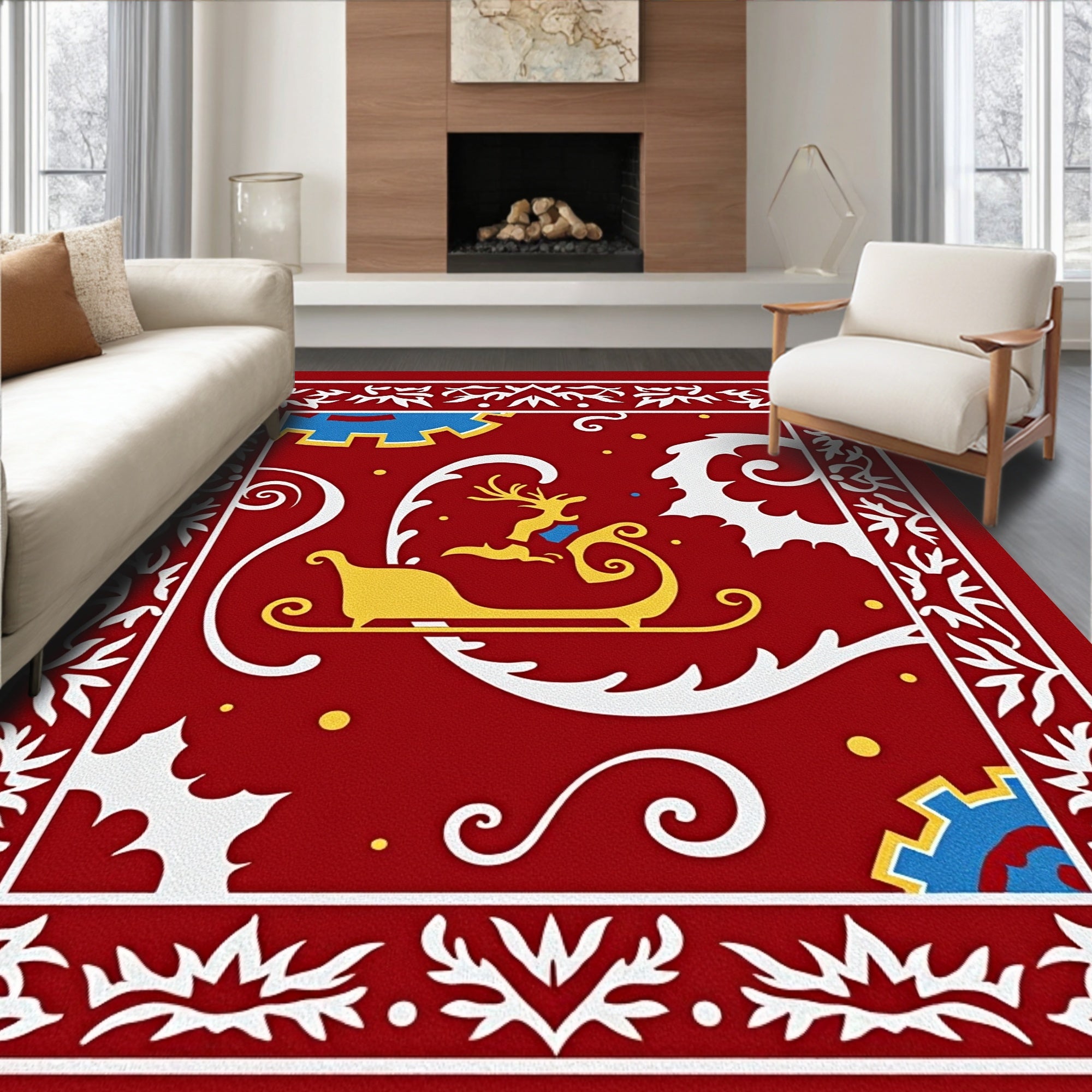 Crimson Sleigh Reindeer Holly Garland Rug