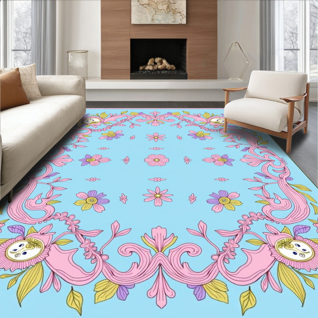 Whimsical Pink Floral Scrollwork Medallions Rug