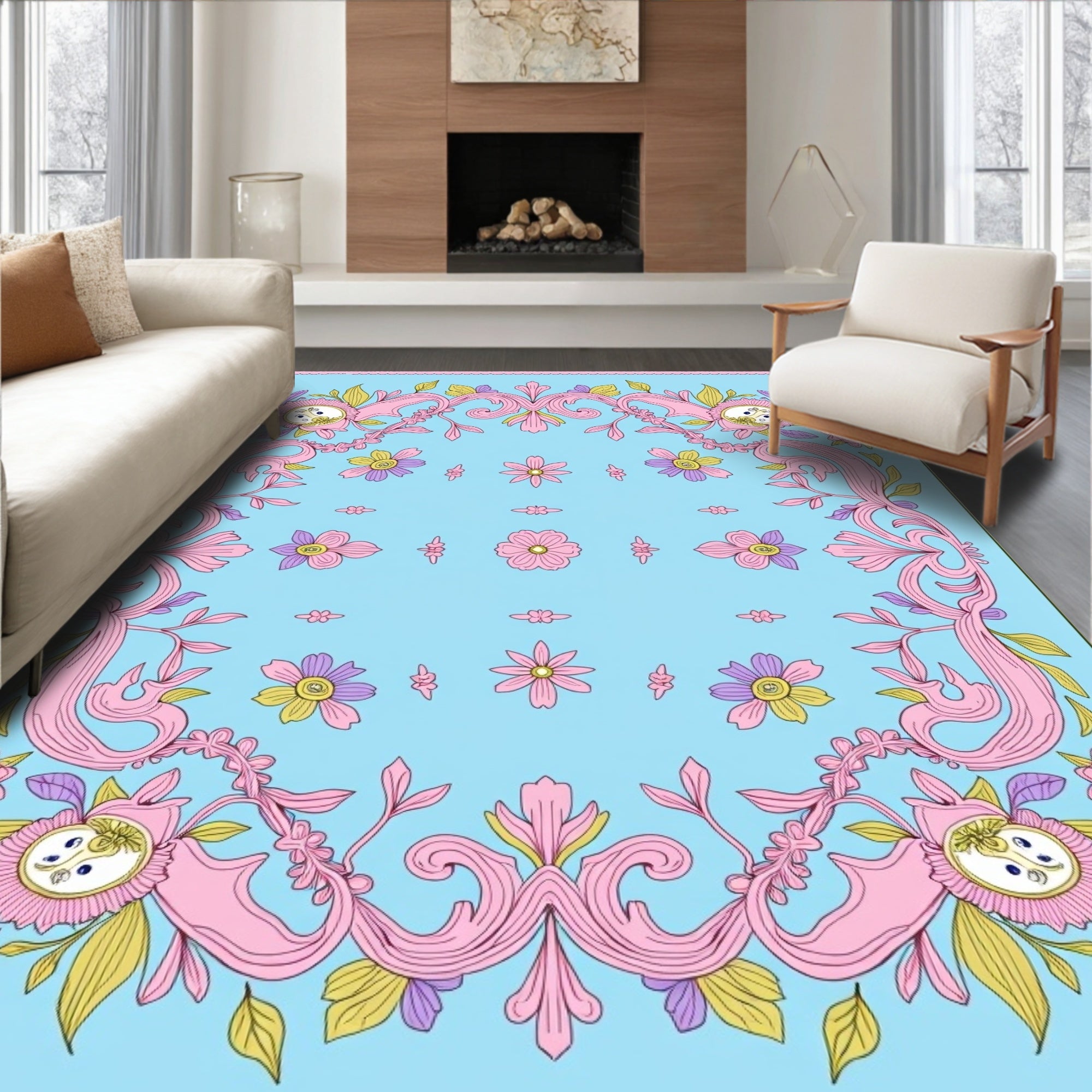 Whimsical Pink Floral Scrollwork Medallions Rug