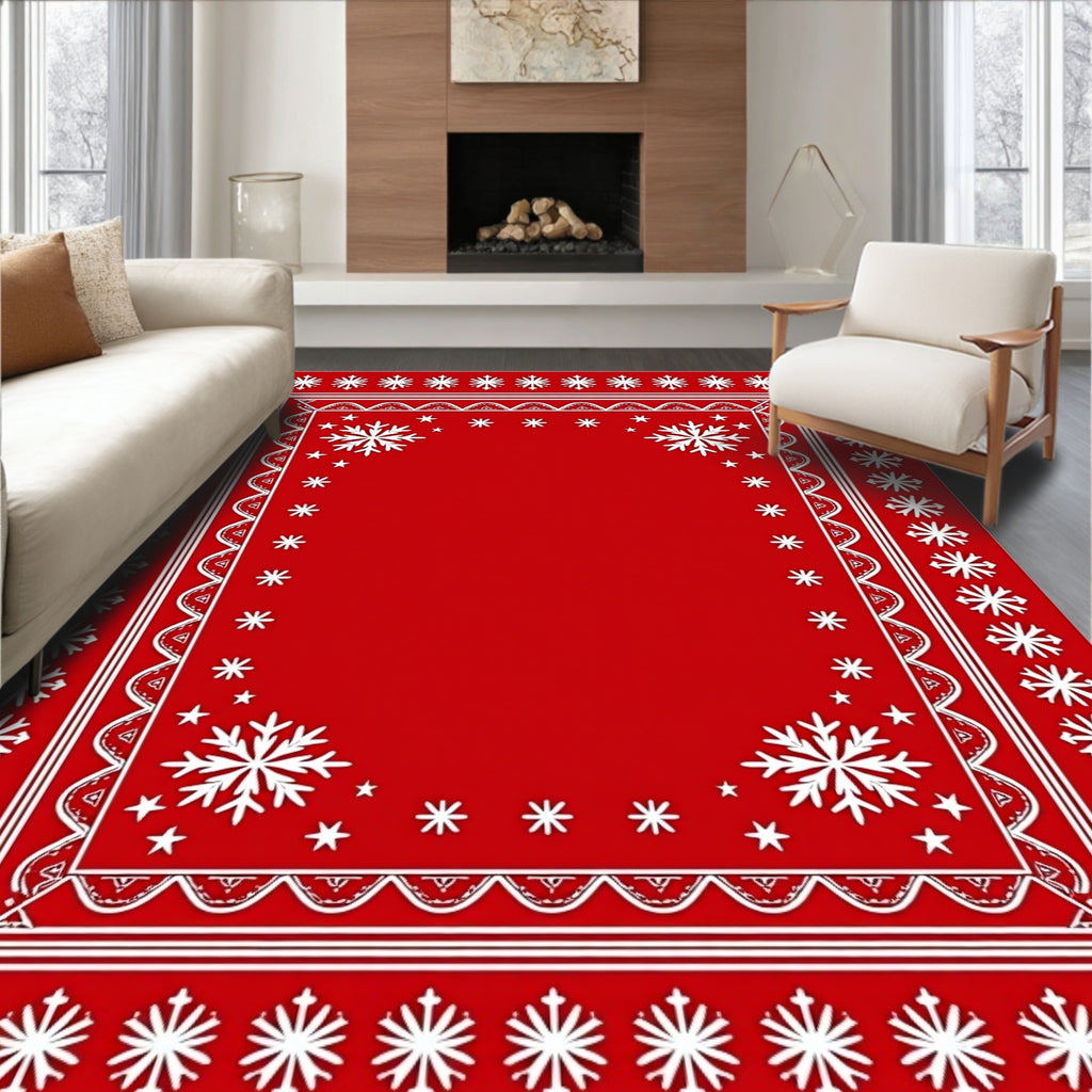 Red White Snowflake Border Rug