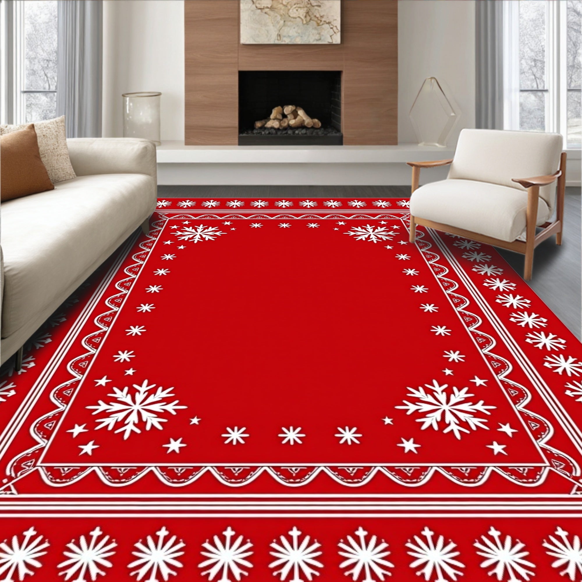 Red White Snowflake Border Rug