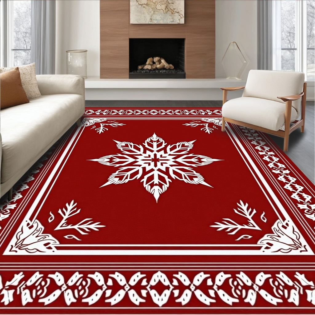 Rich Crimson Snowflake Medallion Border Rug