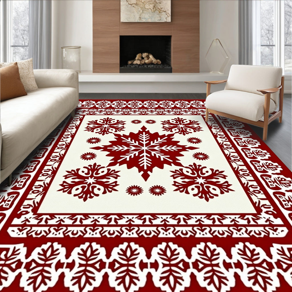 Crimson White Snowflake Medallion Border Rug