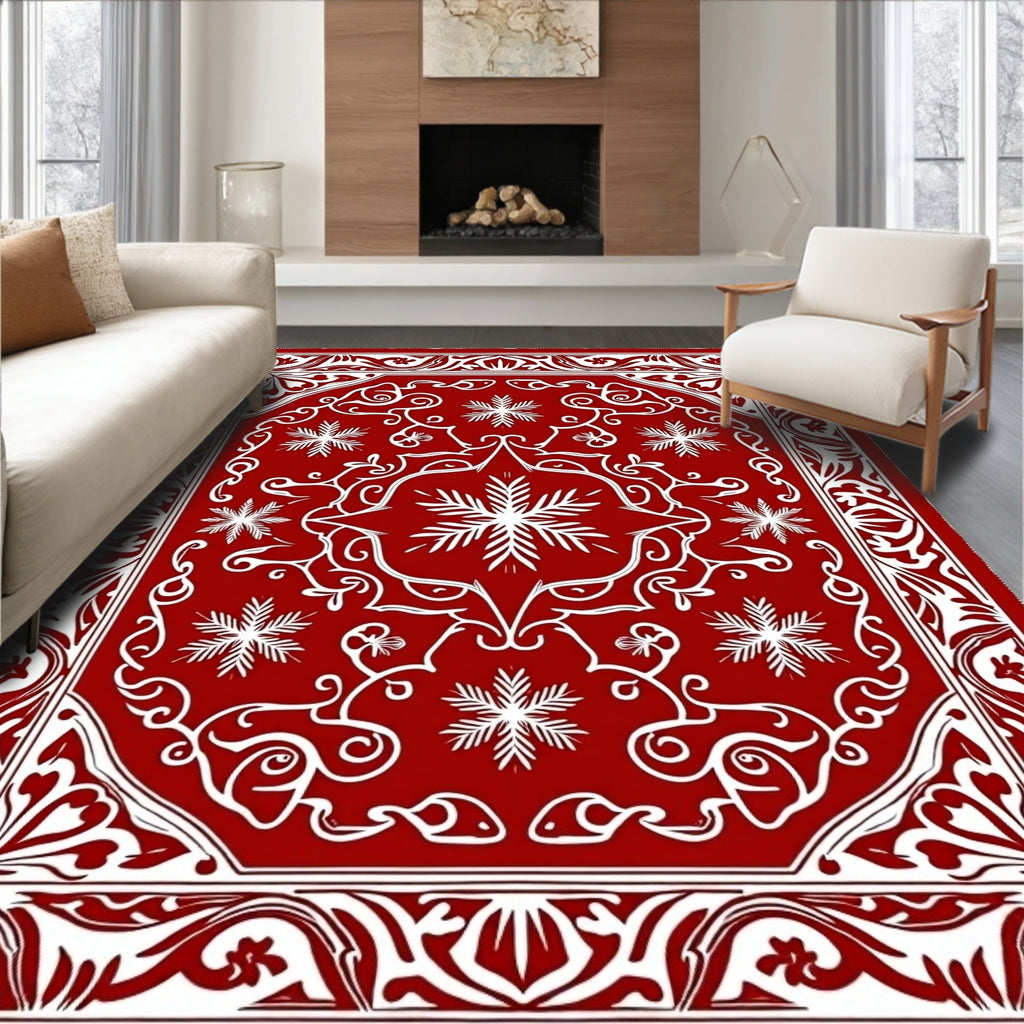 Crimson White Snowflake Scroll Medallion Rug