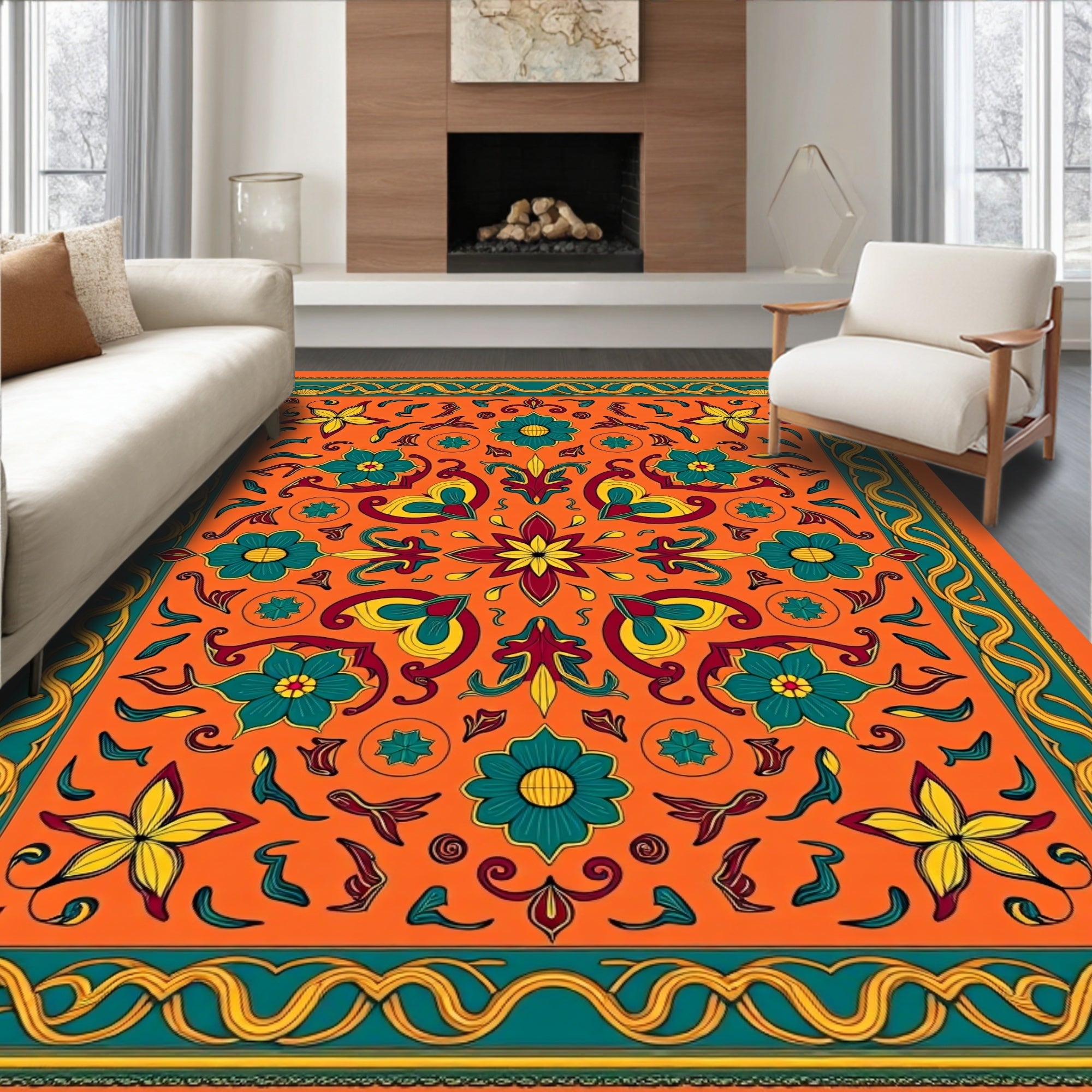 Vibrant Orange Floral Medallion Border Rug