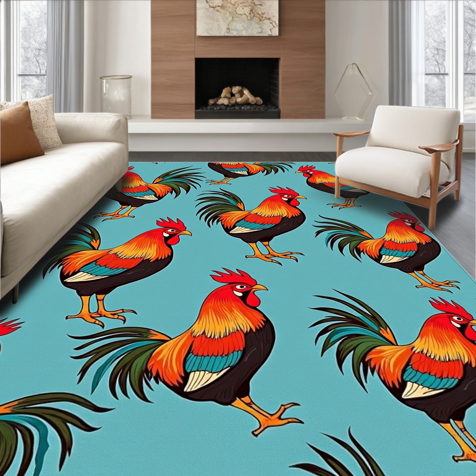 Vibrant Red Rooster All Over Print Rug