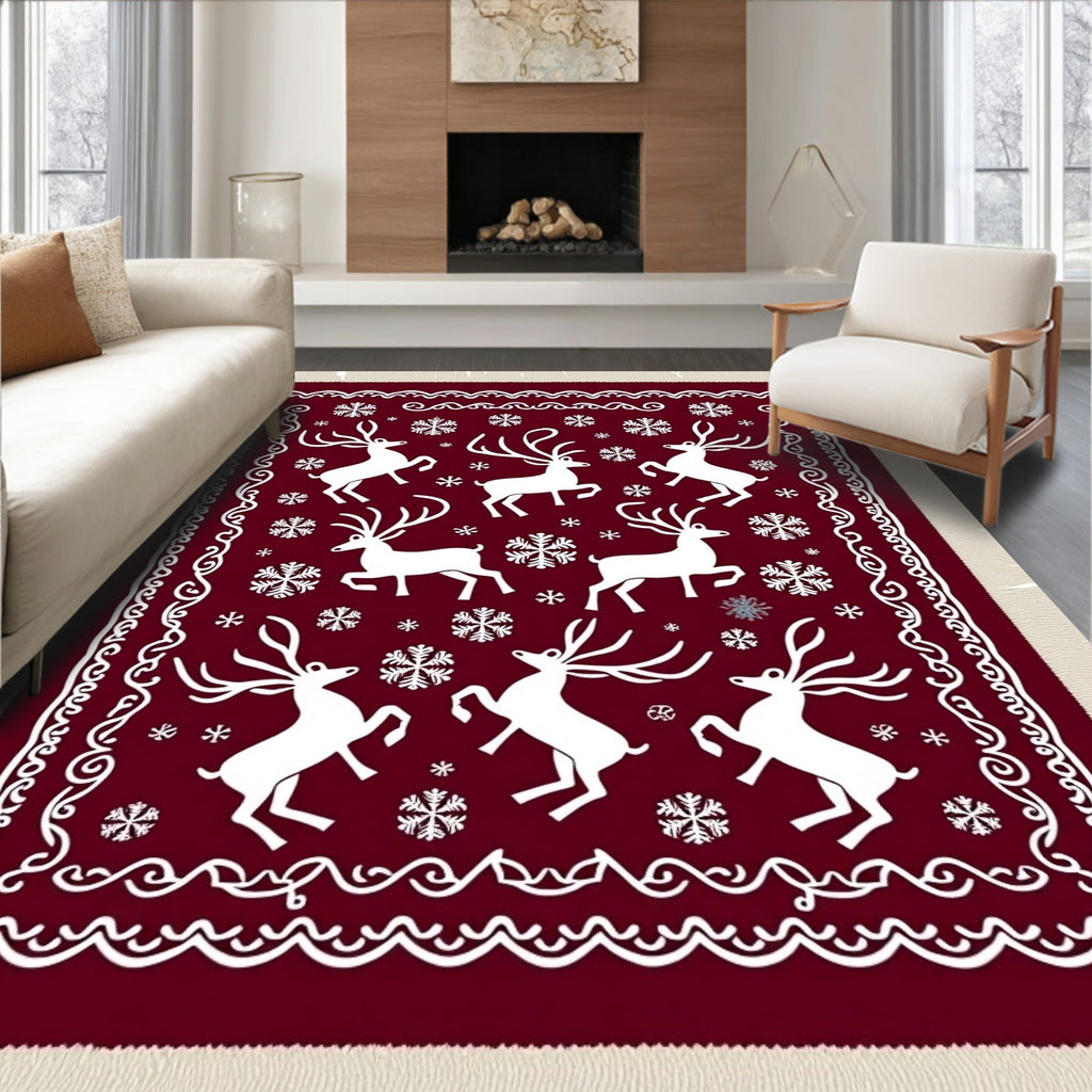 Crimson White Reindeer Snowflake Border Rug