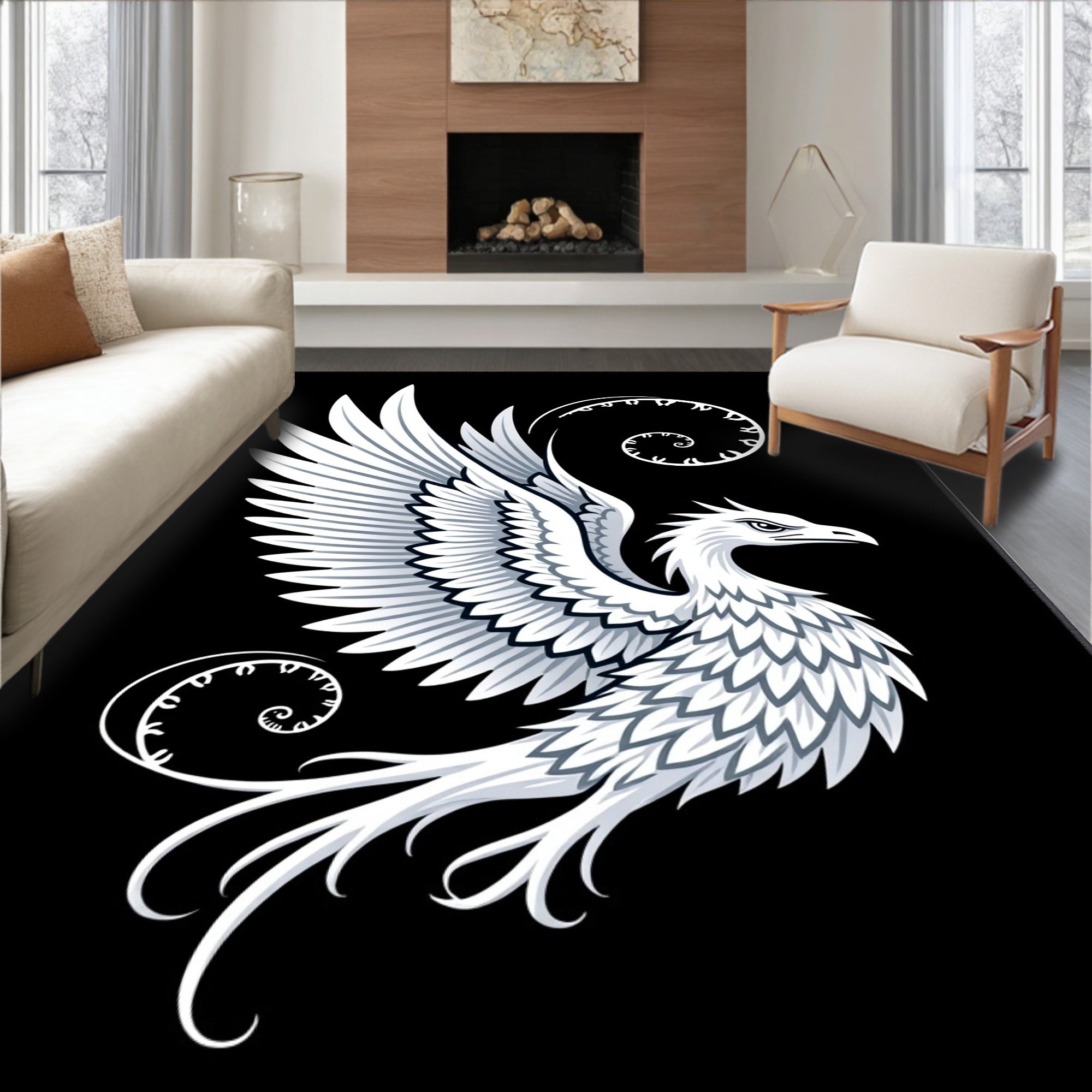 Tribal White Phoenix Swooping Spiral Rug