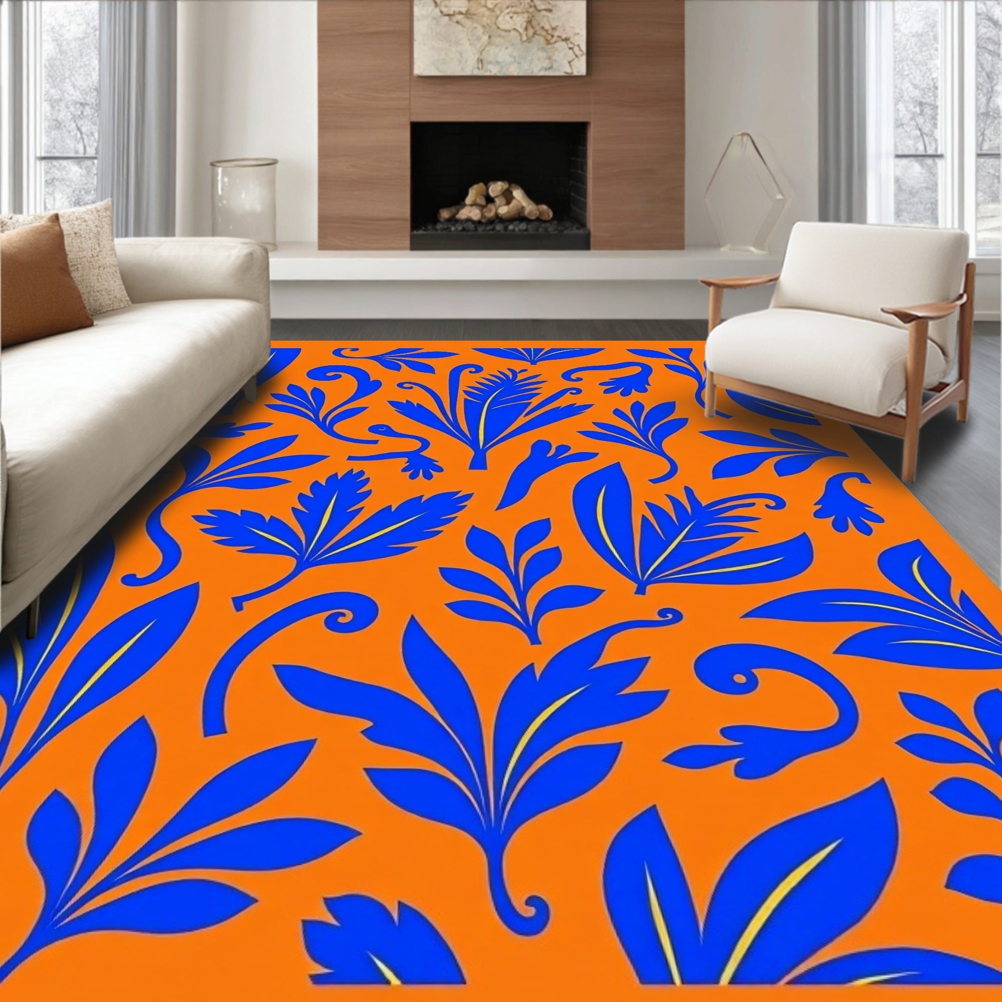 Bold Blue Floral Orange Foliage Rug