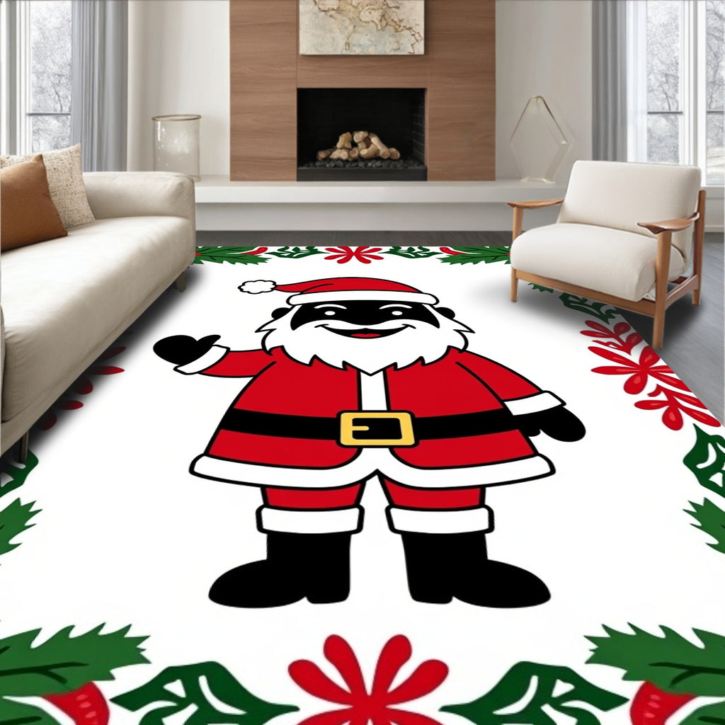 Jolly Red Santa Christmas Holly Frame Rug