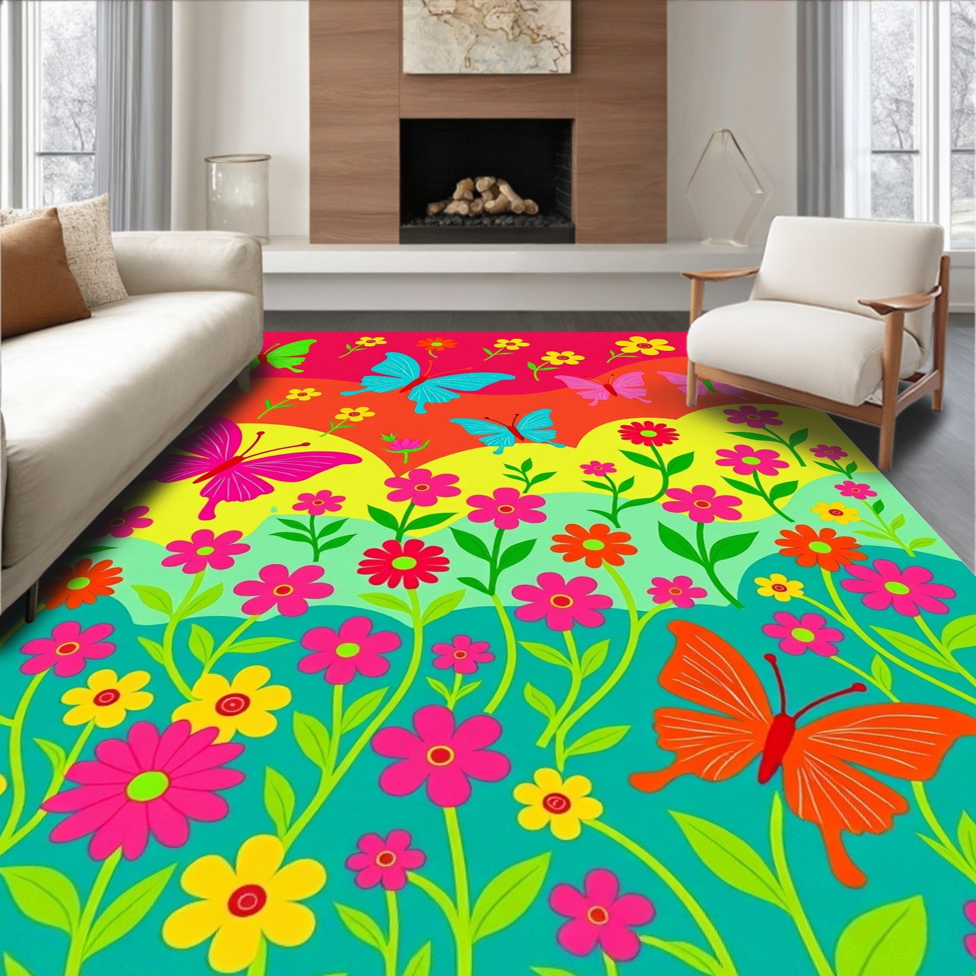 Vibrant Butterfly Garden Floral Burst Rug