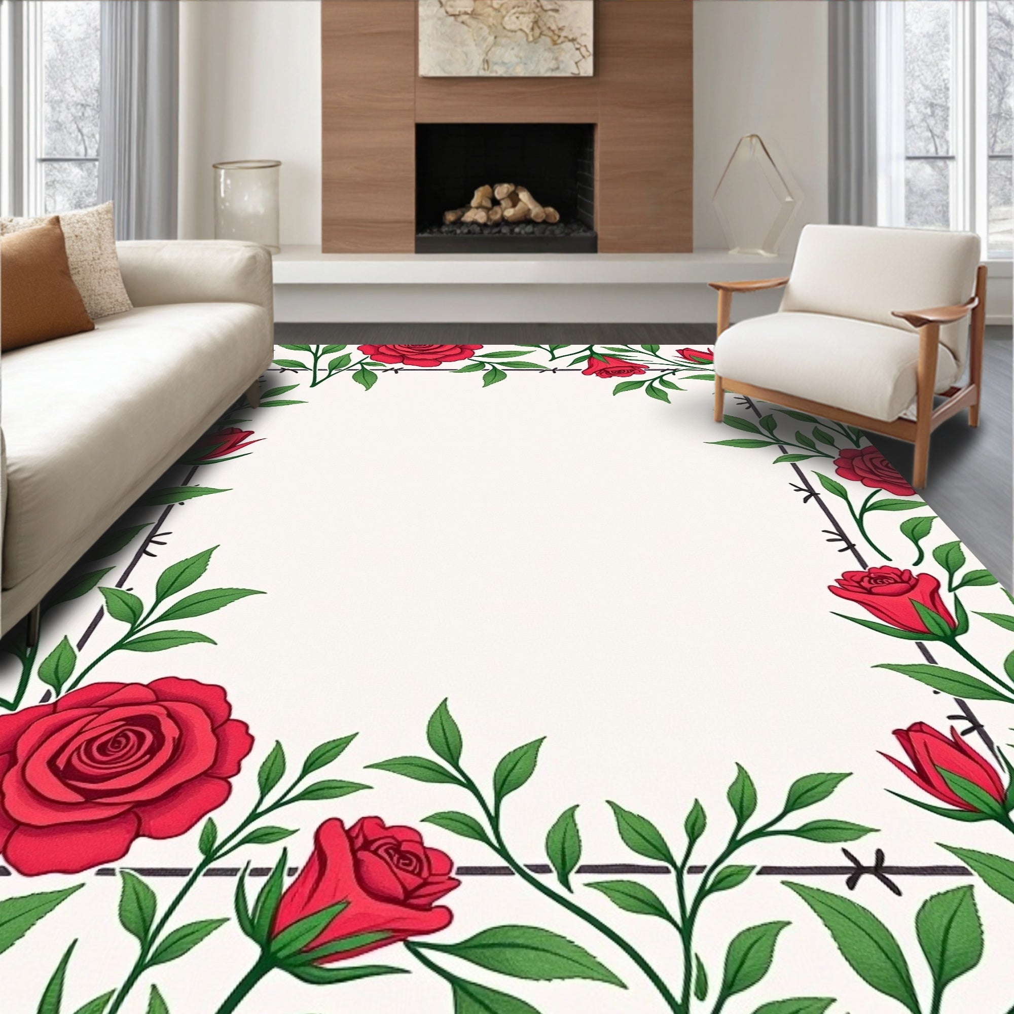 Crimson Rose Vine Border Rug