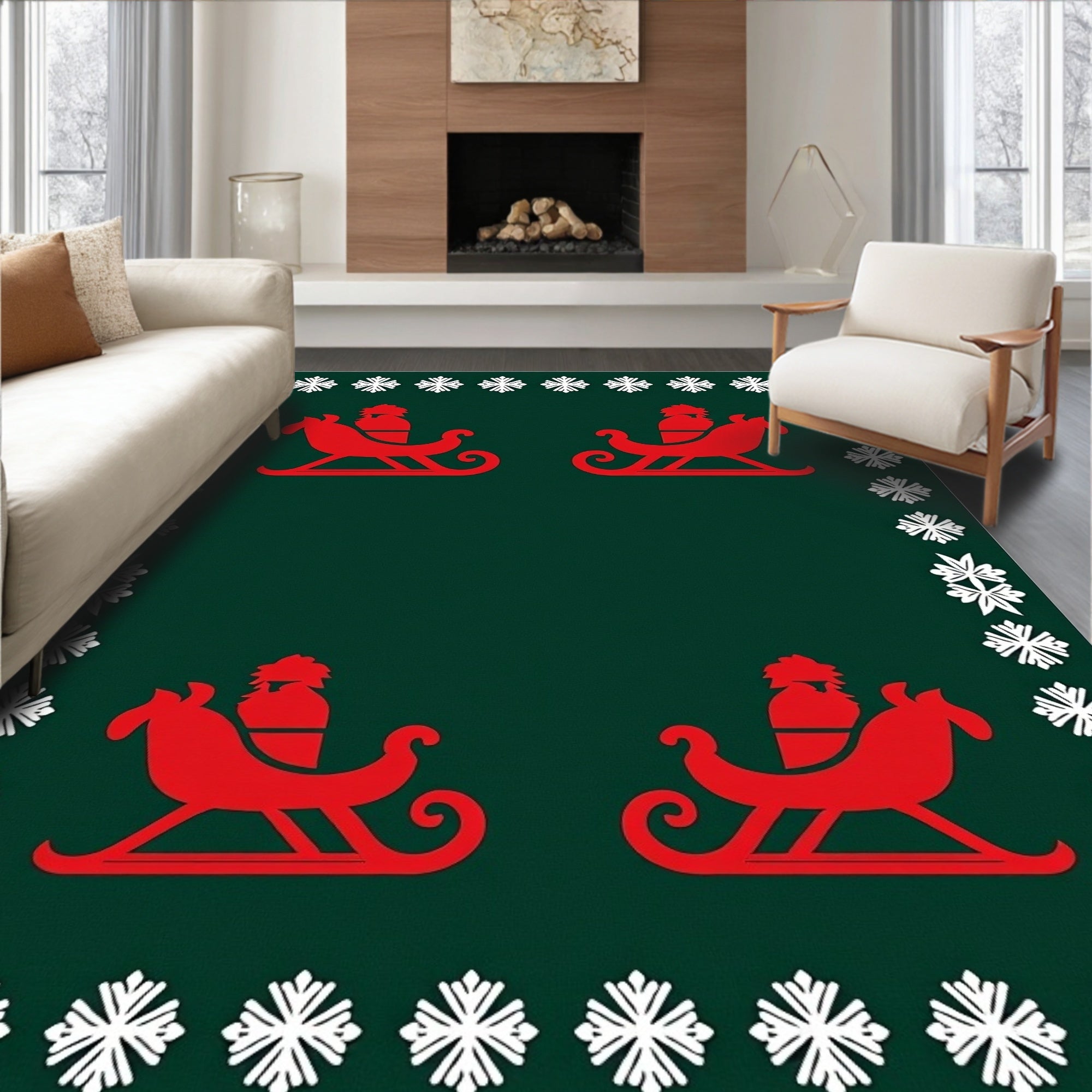 Red Sleigh Snowflakes Border Rug
