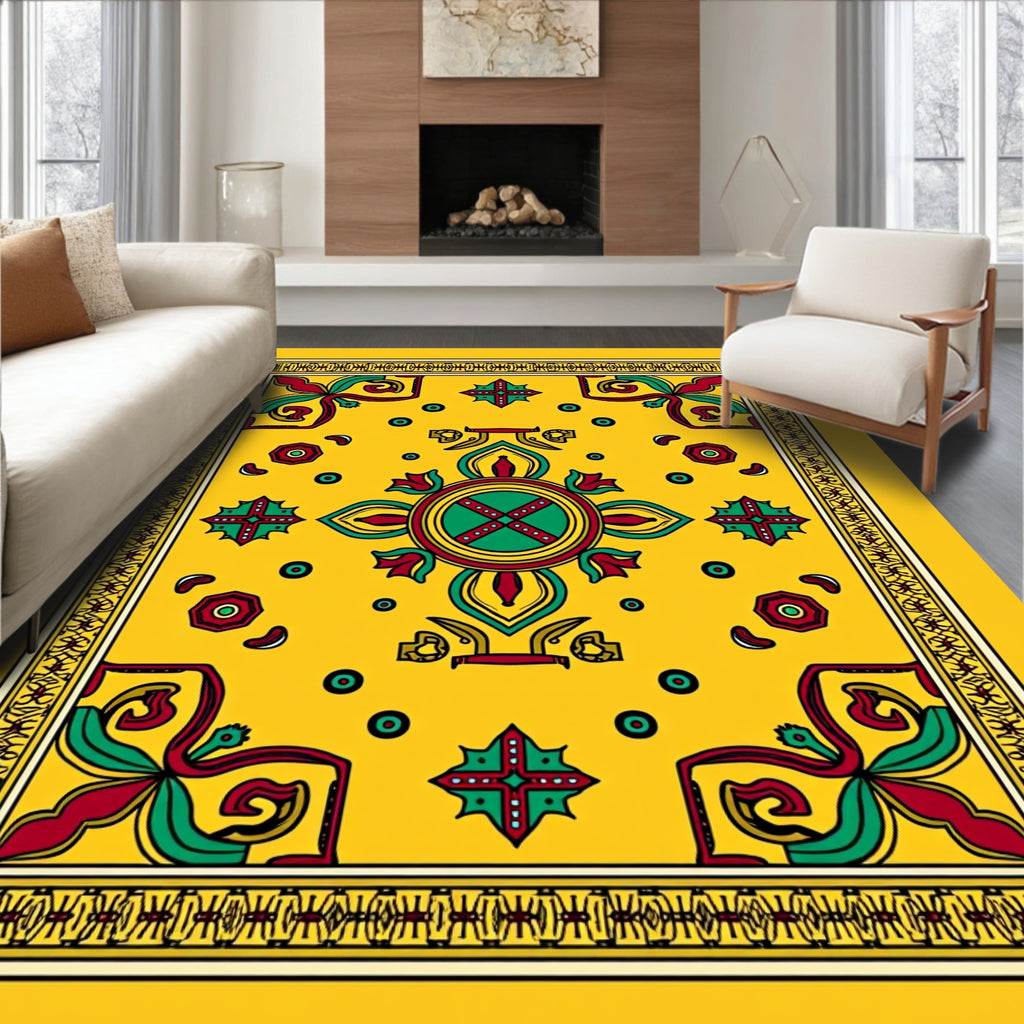 Golden Yellow Floral Motif Medallion Rug