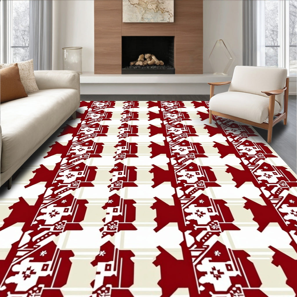 Rich Crimson Geometric Houndstooth Rug