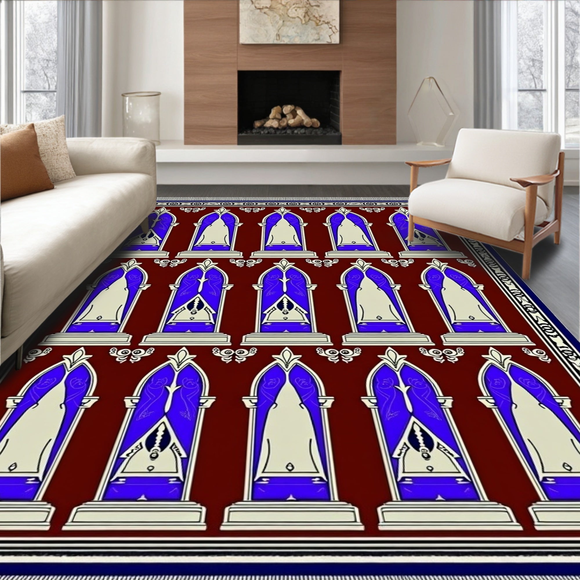 Deep Blue Arched Gate Burgundy Rug