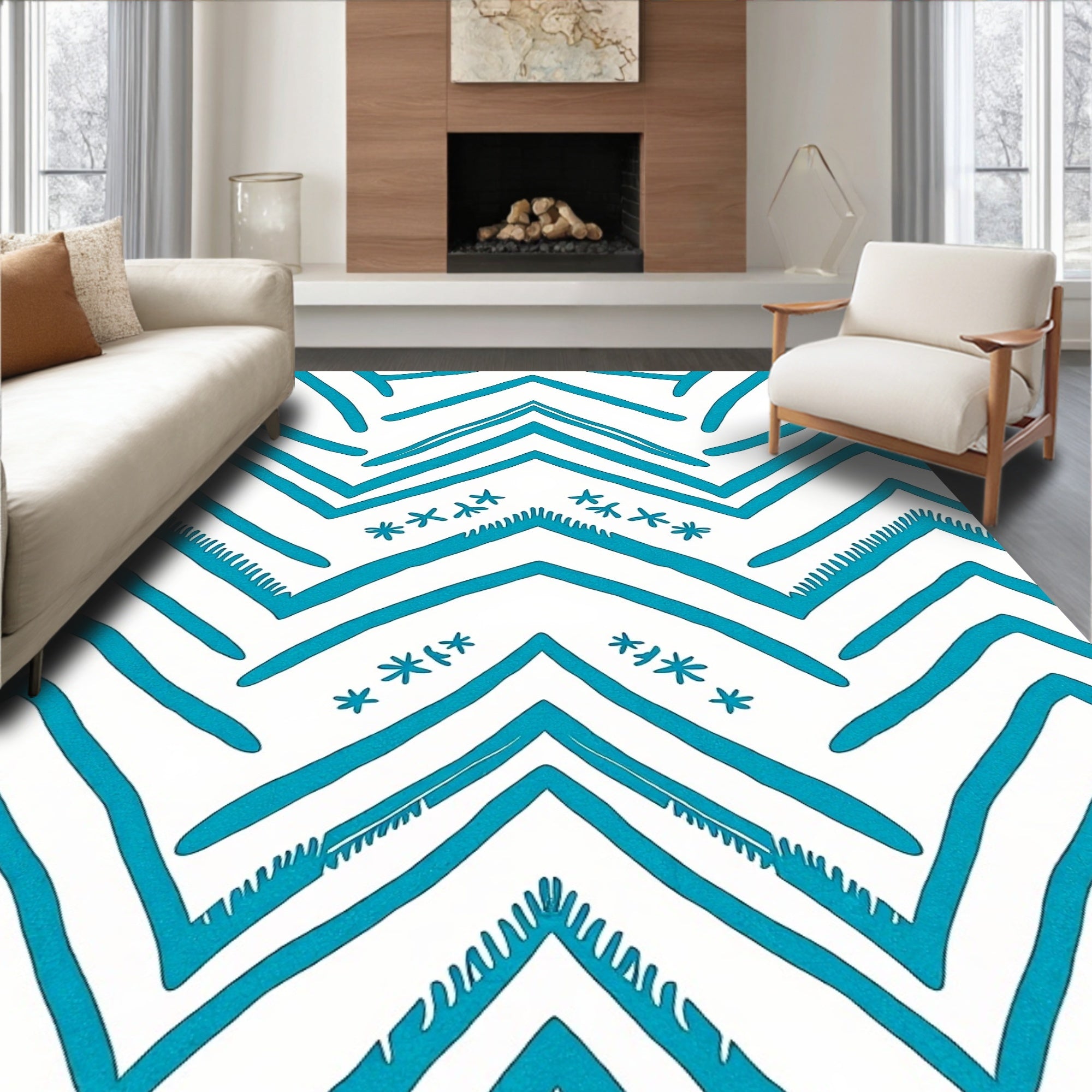 Teal Blue Chevron Snowflake Accents Rug