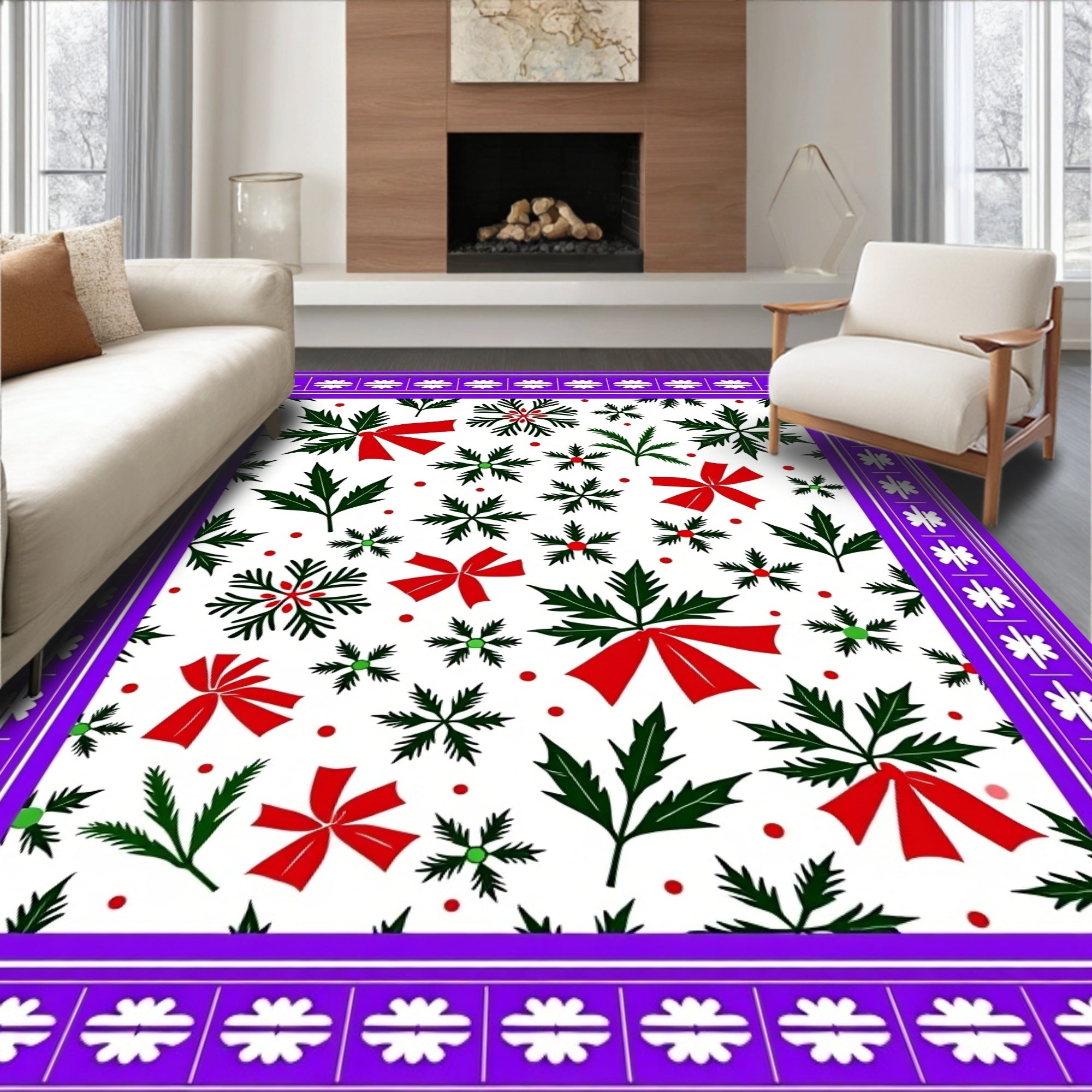 Festive Red Bow Snowflake Holly Rug