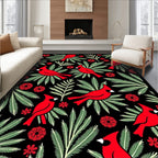 Red Cardinal Green Fern Black Background Rug