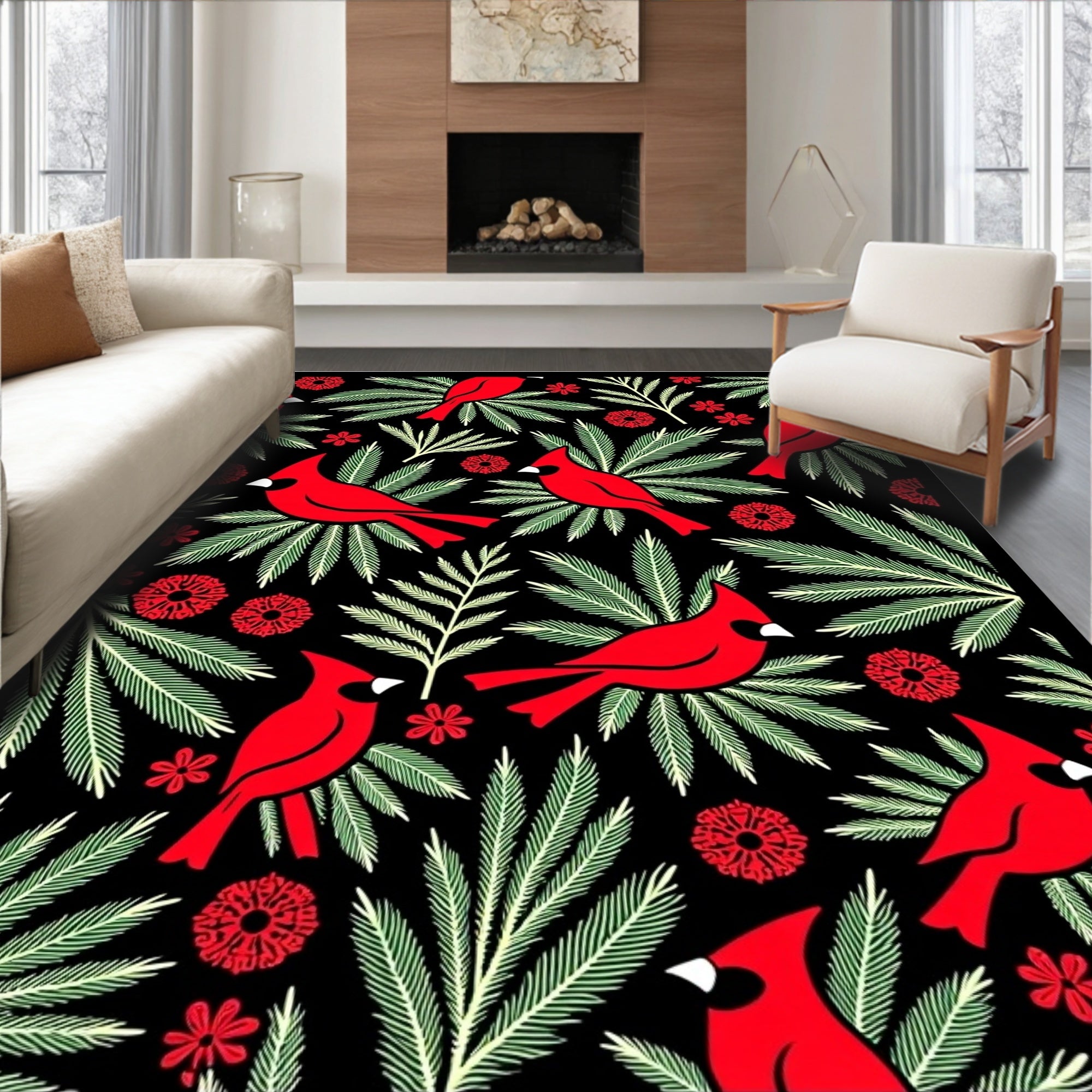 Red Cardinal Green Fern Black Background Rug