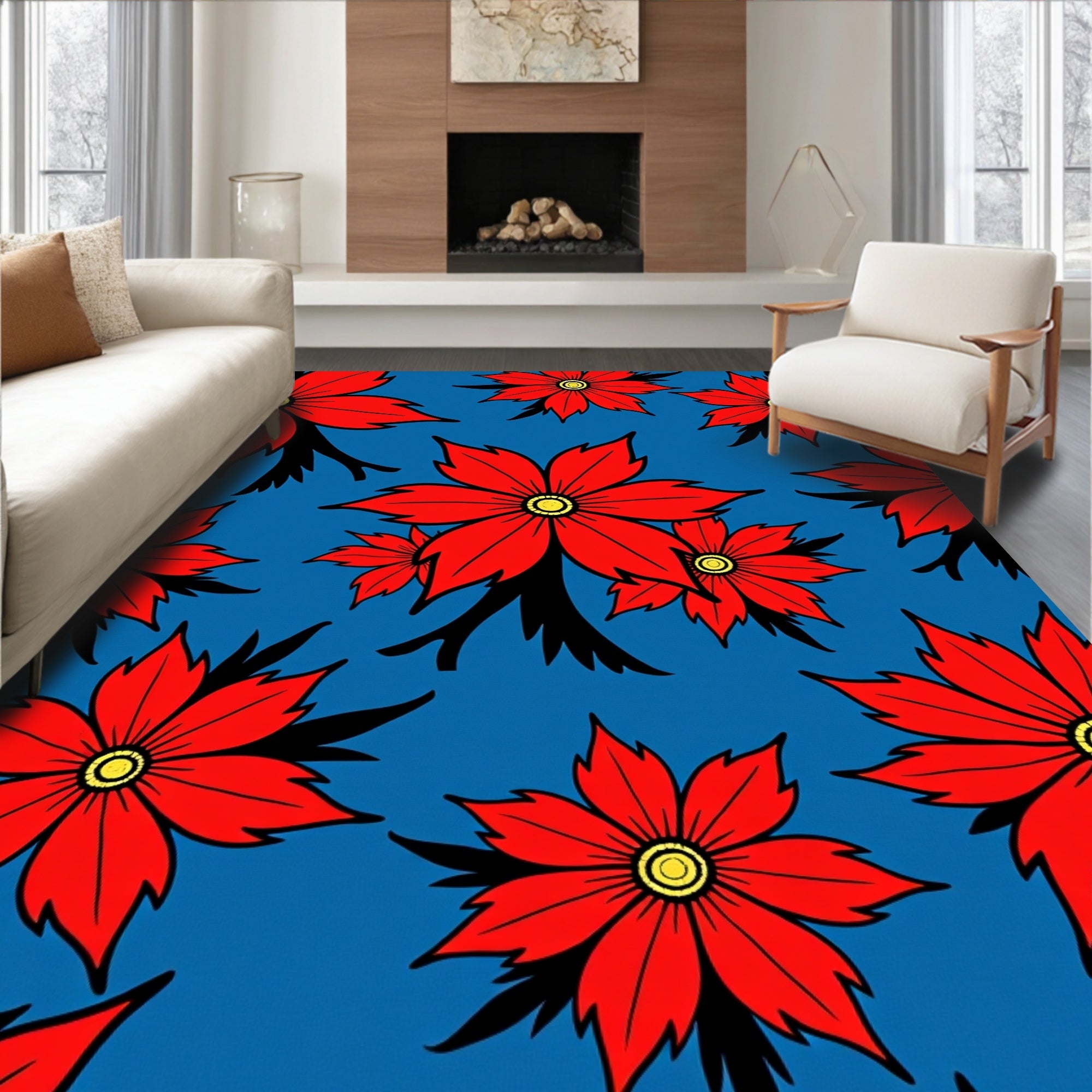Bold Red Floral Bloom Background Rug