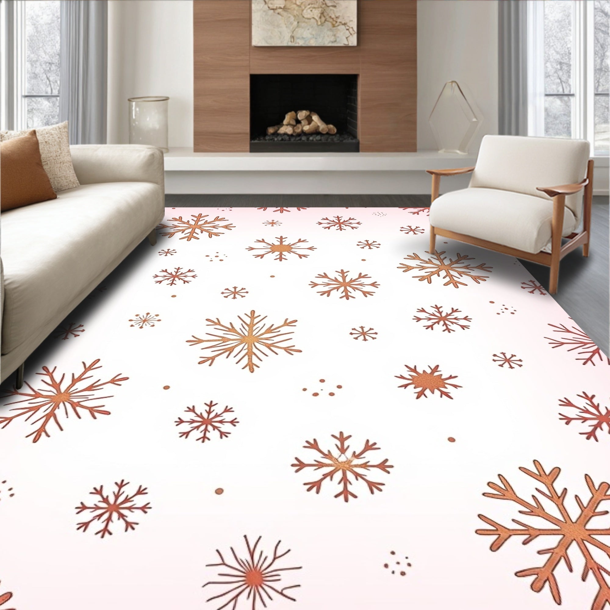 Copper Snowflake Scatter on Pink Background Rug