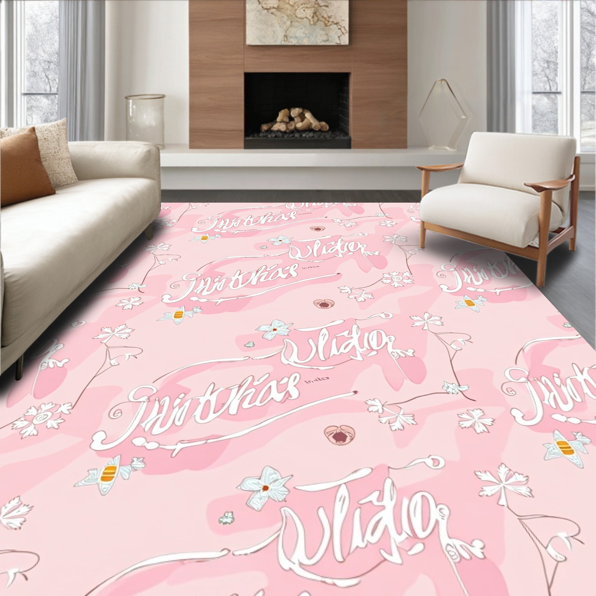Pink Floral Script Illustration Rug