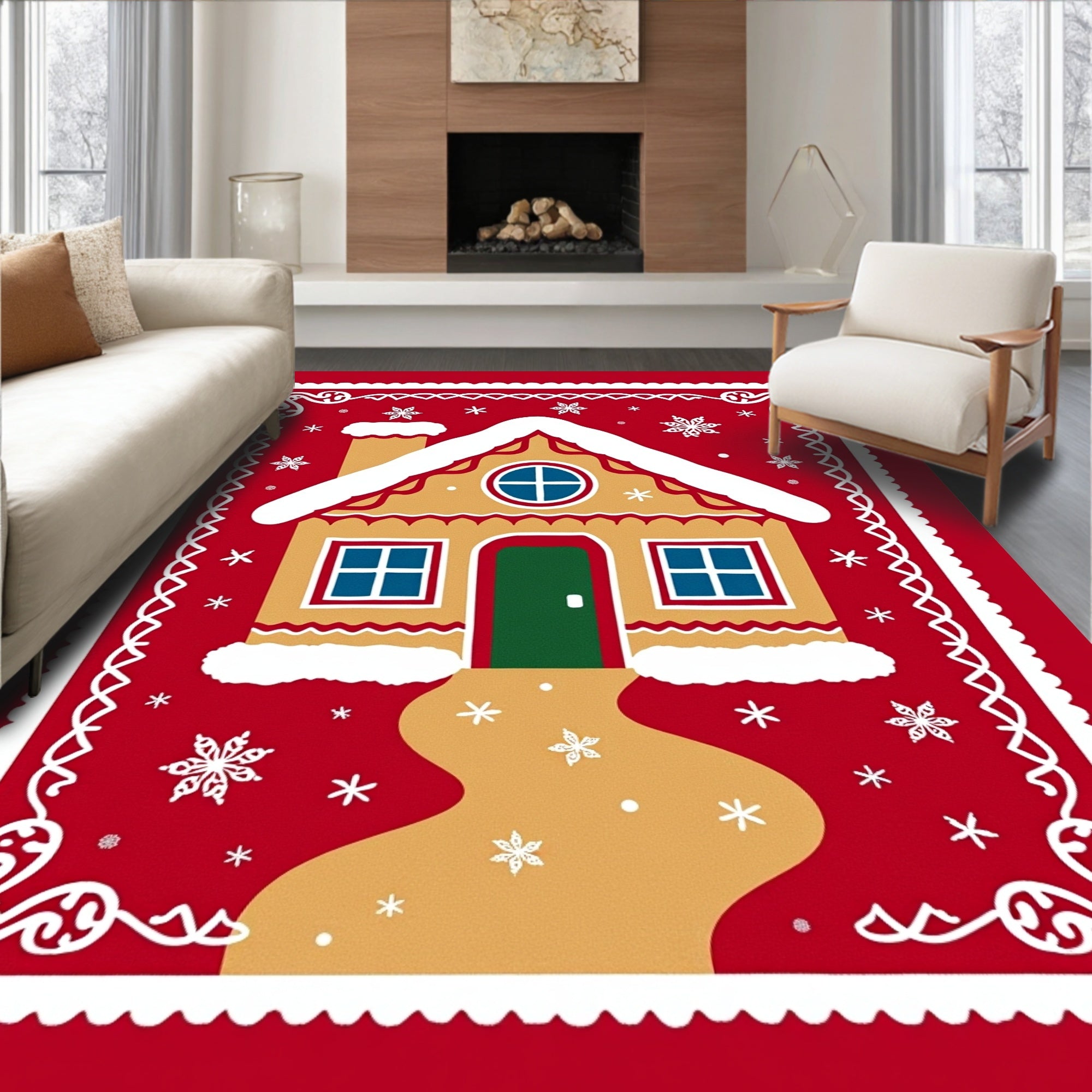 Gingerbread house with snow and snowflakes Rug