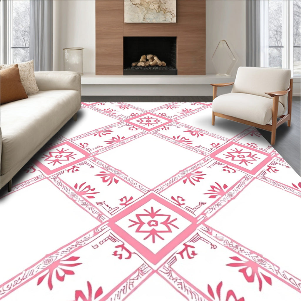 Coral Pink Tribal Diamond Lattice Rug