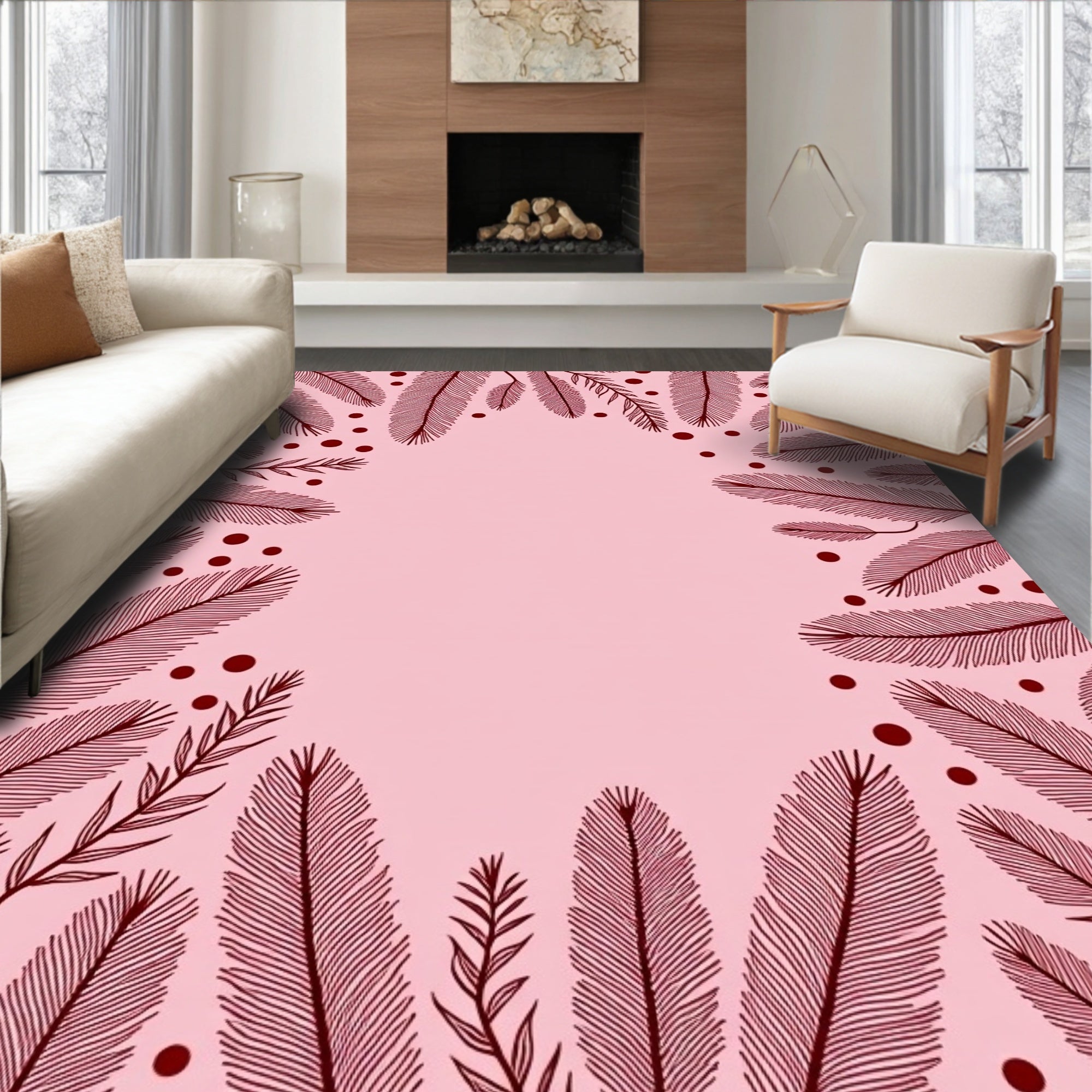 Rustic Burgundy Feather Dots Border Rug