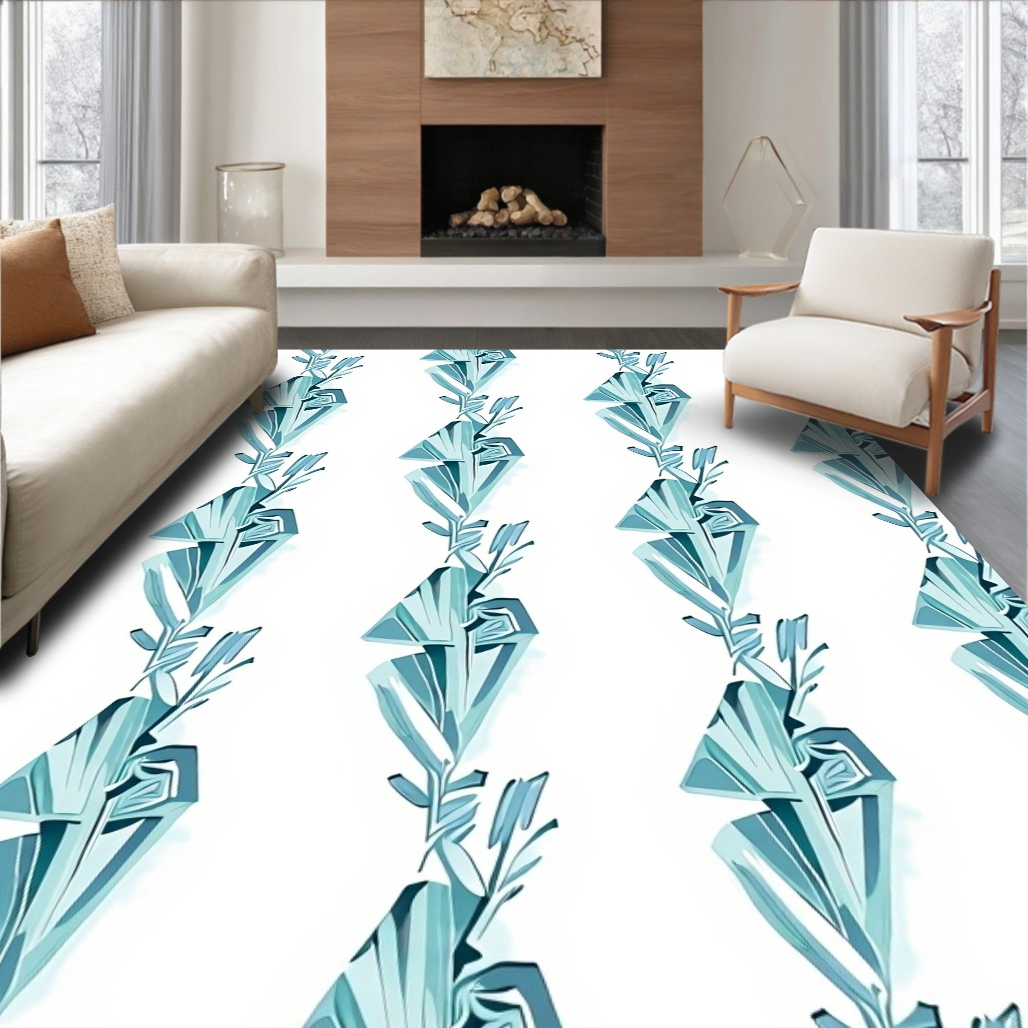 Teal Crystal Leaf Vertical Stripe Rug