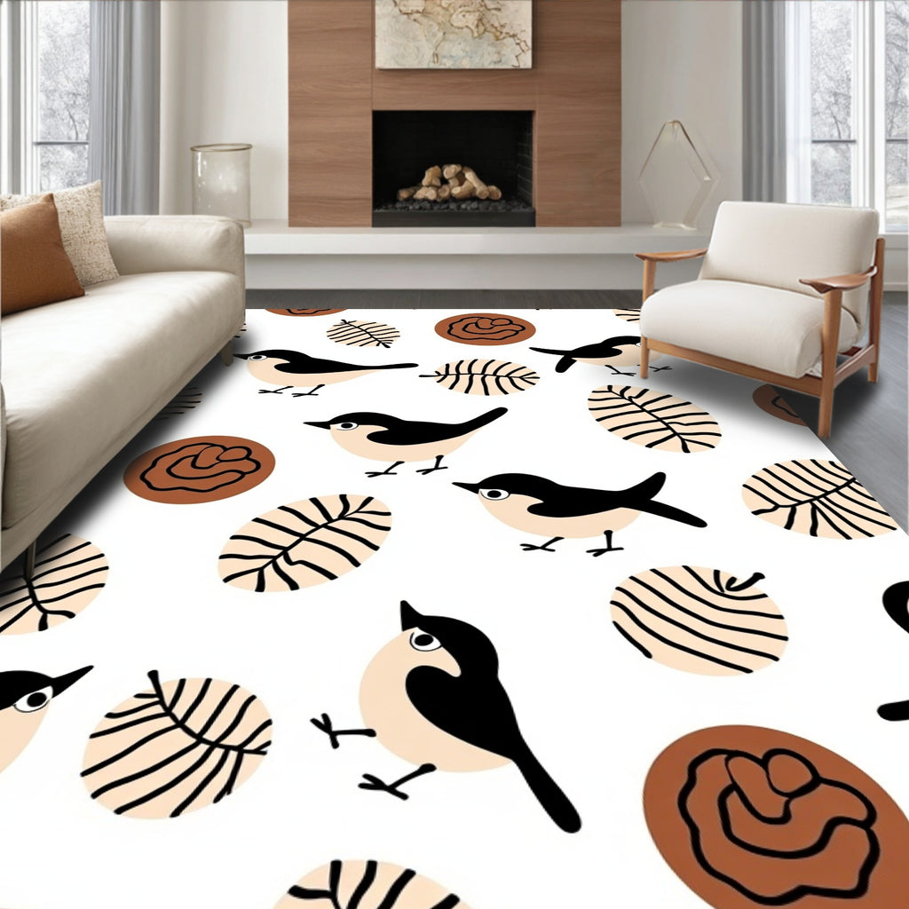 Cute Black Birds Leafy Circles Brown Rug