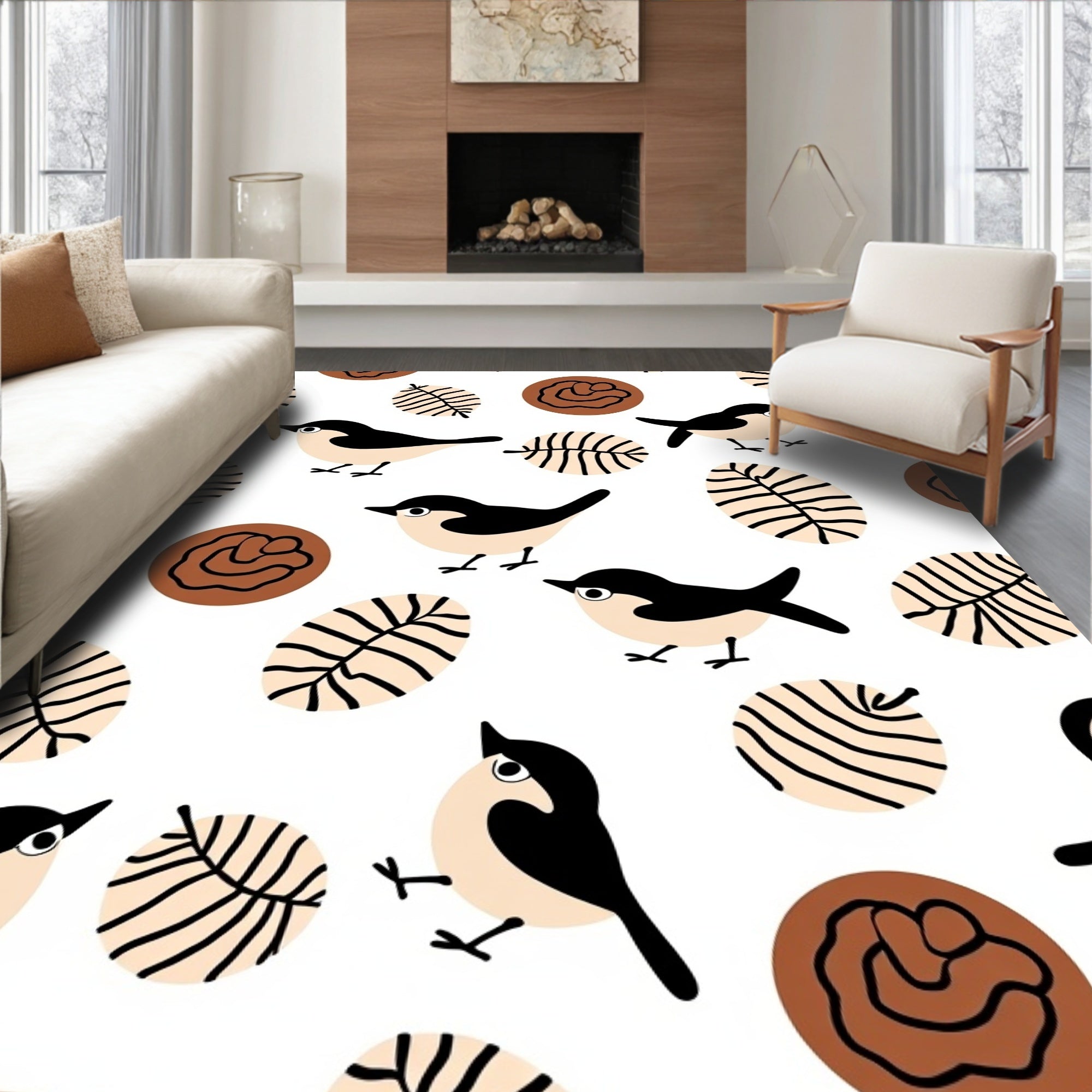Cute Black Birds Leafy Circles Brown Rug