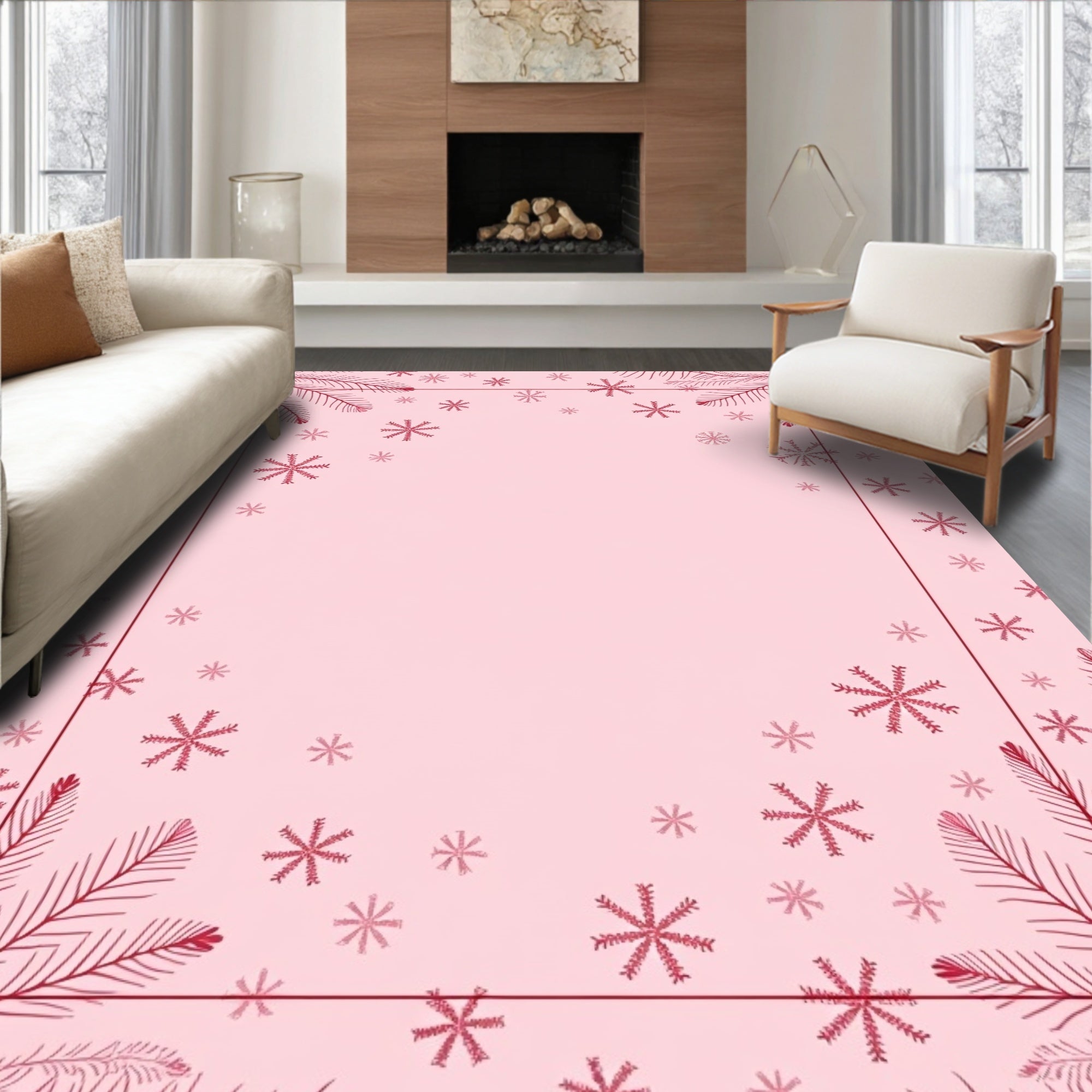 Crimson Snowflake Pine Border Rug